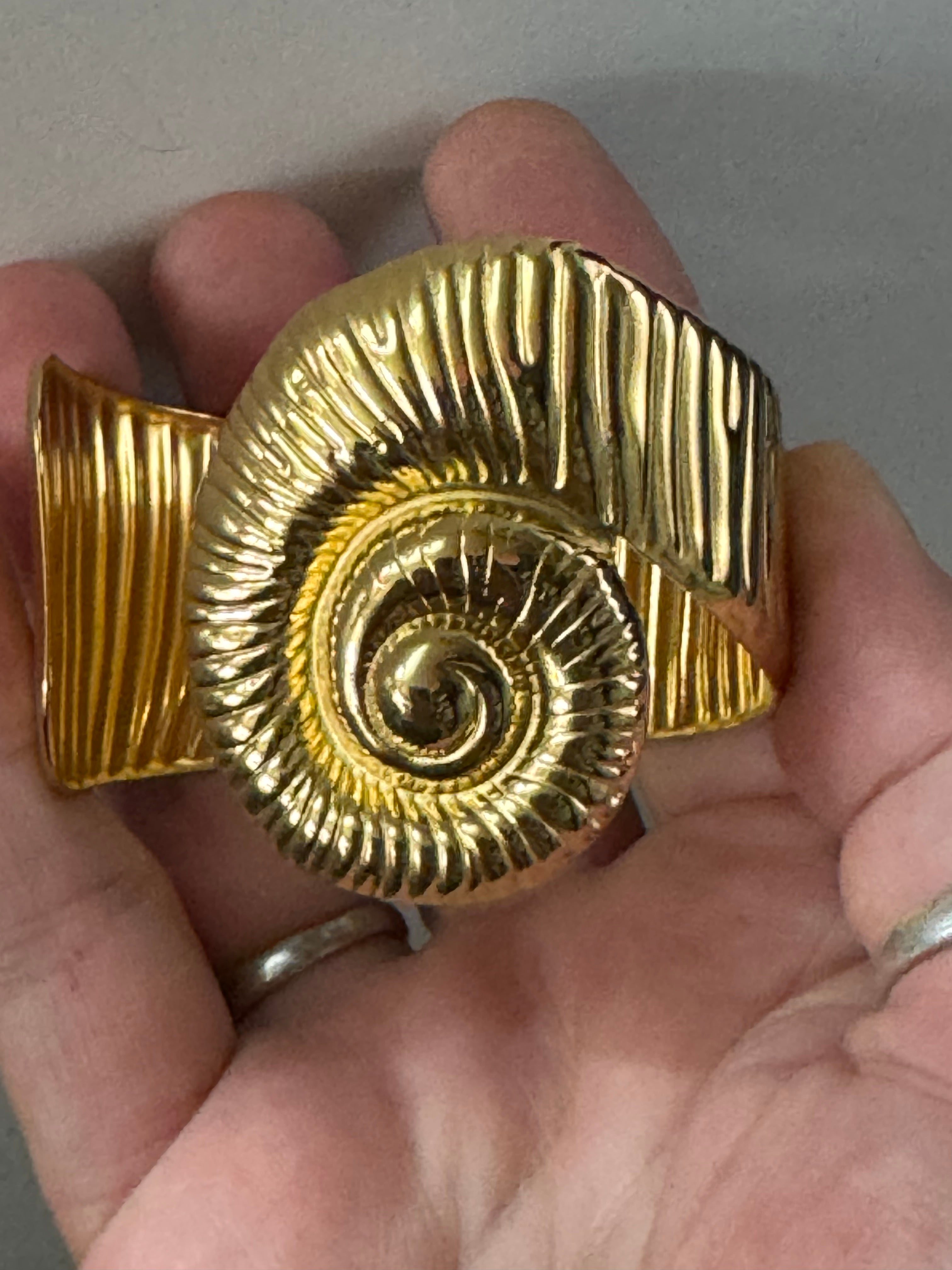 Gold tone ammonite seashell wide cuff bangle bracelet , nautical jewellery