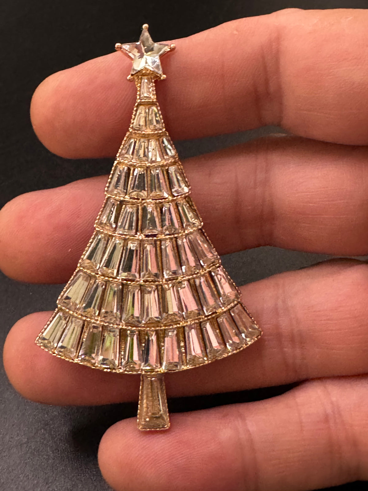 Rhinestone Christmas tree brooch, gold tone , festive jewellery