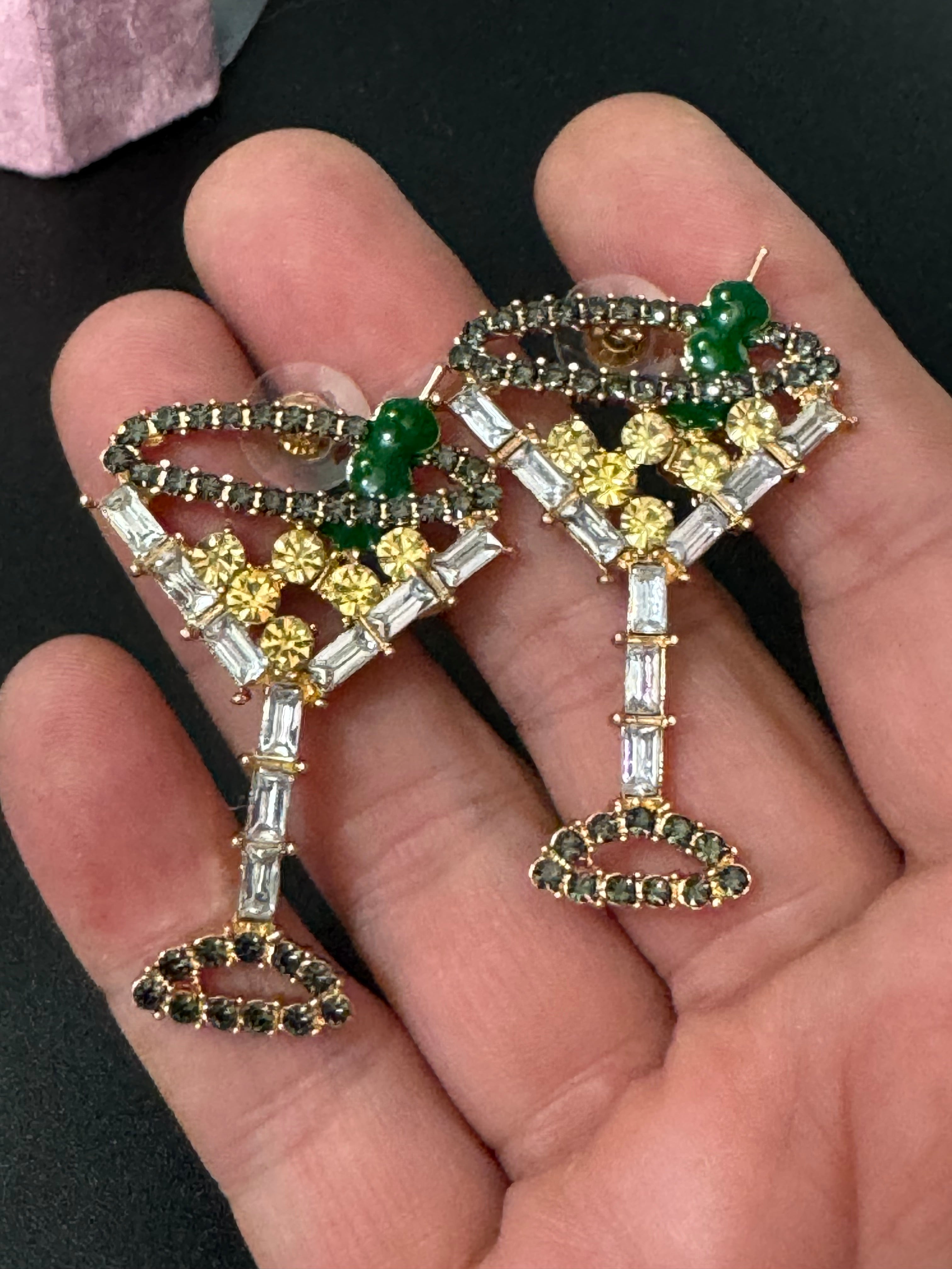 Novelty oversized diamanté crystal gin champagne cocktail earrings