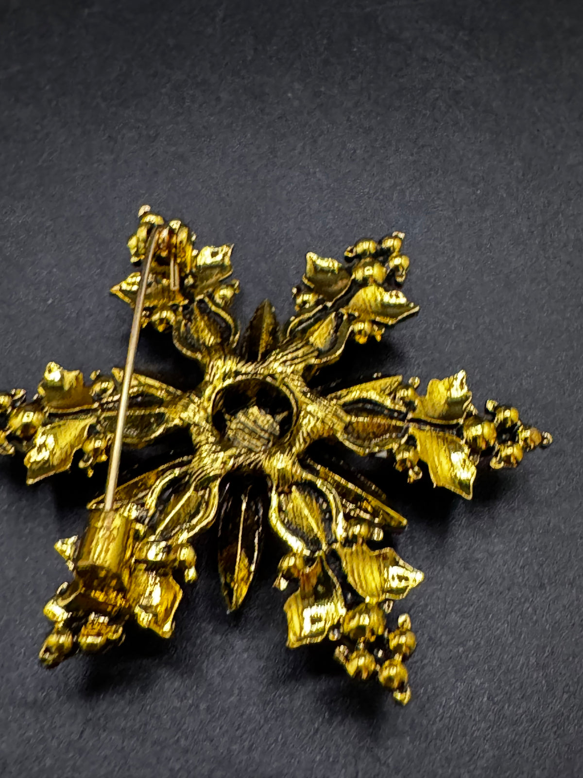 Christmas poinsettia rhinestone flower brooch, red ,green and gold tone festive jewellery