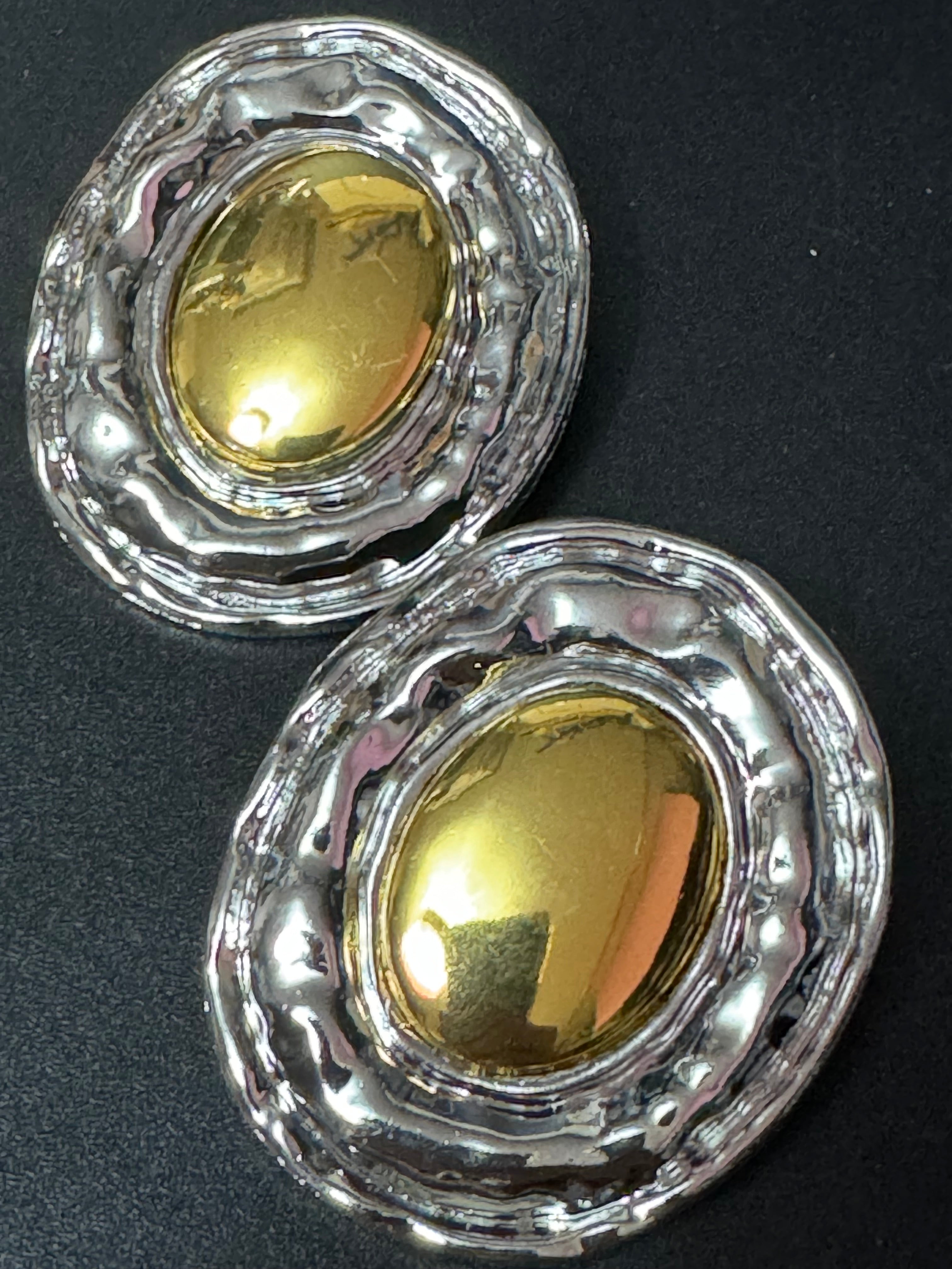 Oversized huge silver and gold tone statement Textured oval pierced stud earrings