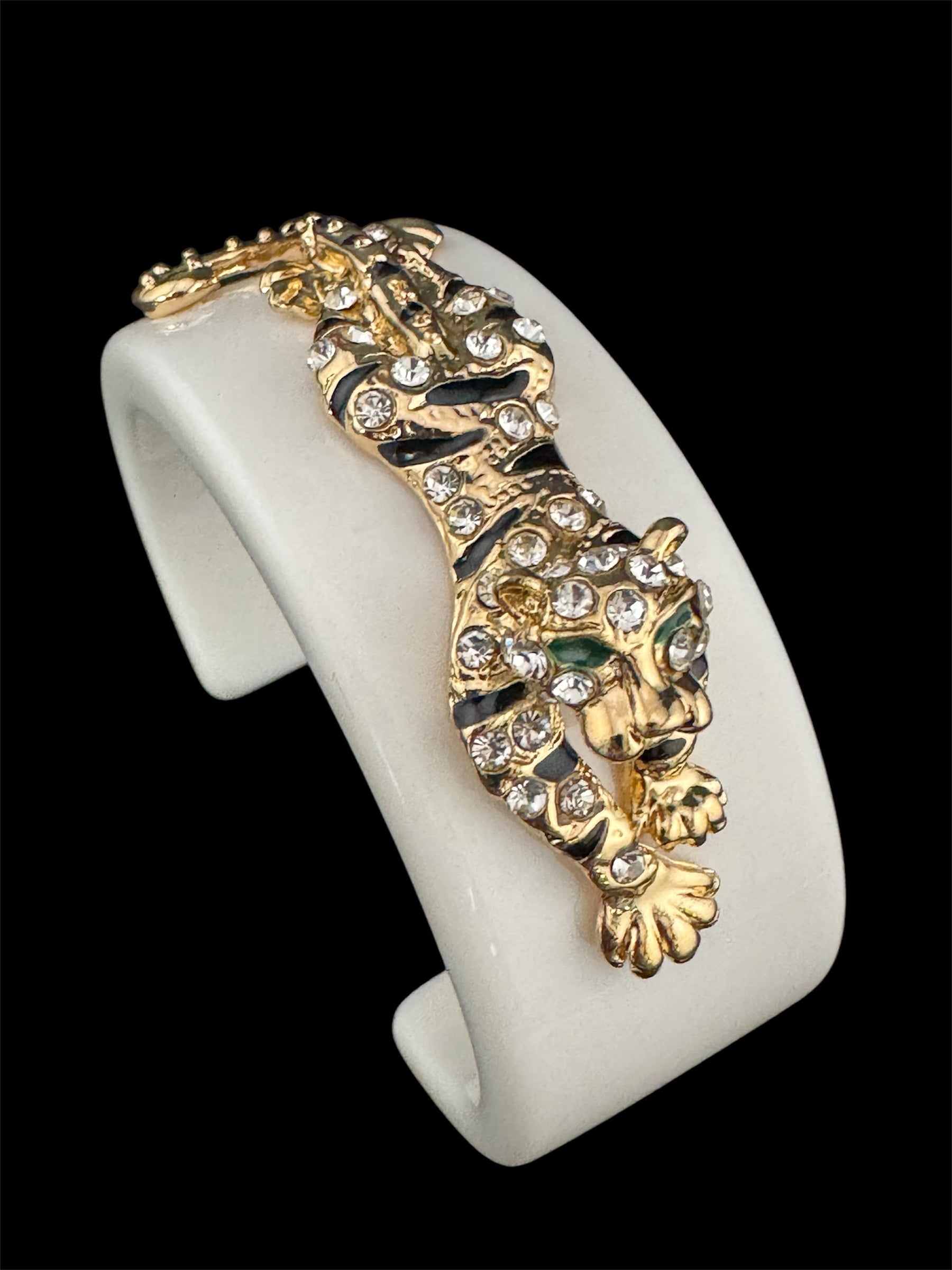 White acrylic big cat black enamel and clear crystal gold tone cuff bangle bracelet