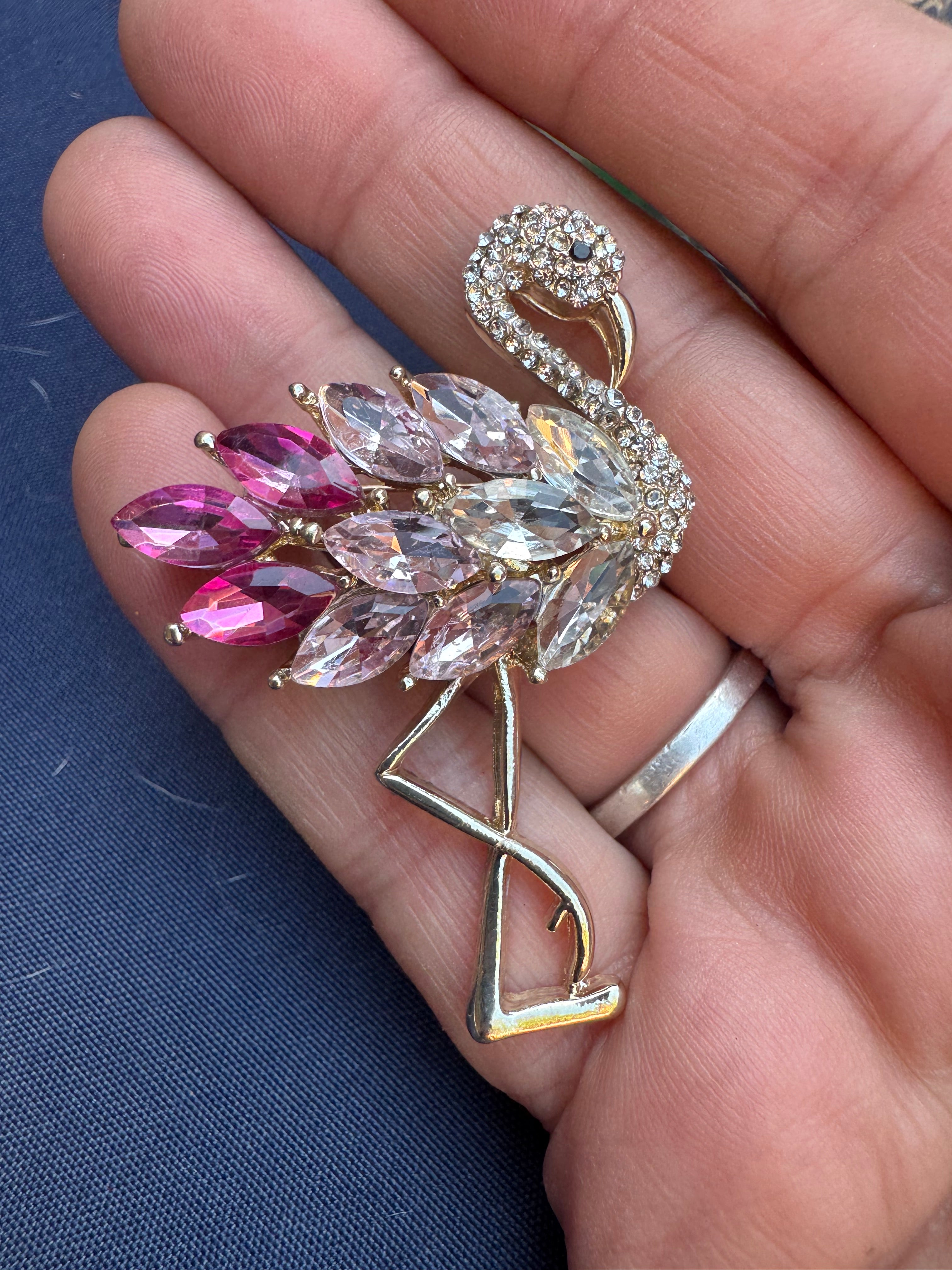 Pink crystal flamingo brooch , silver tone