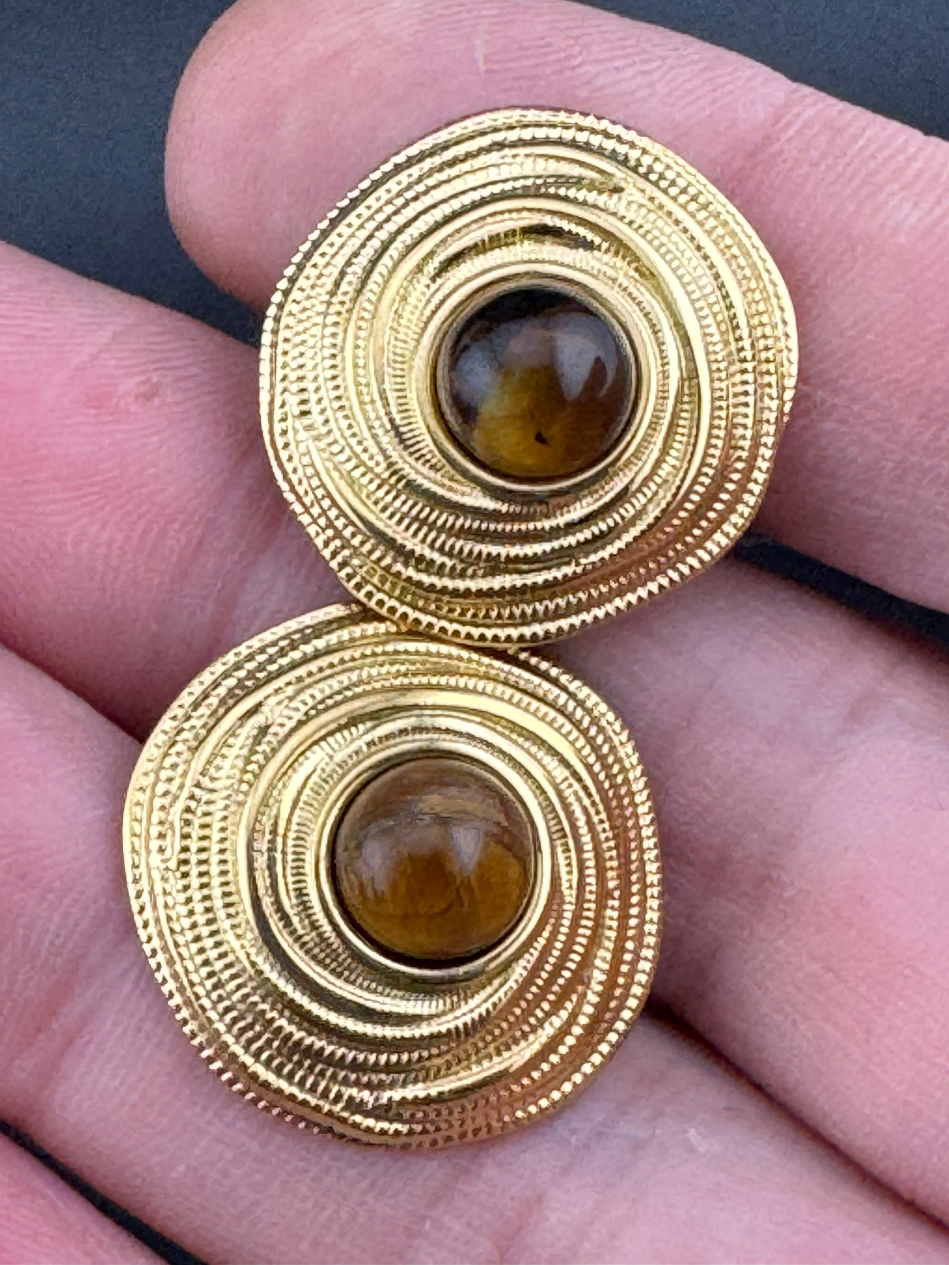 Etruscan medieval style tigers-eye gemstone gold tone stud disc earrings