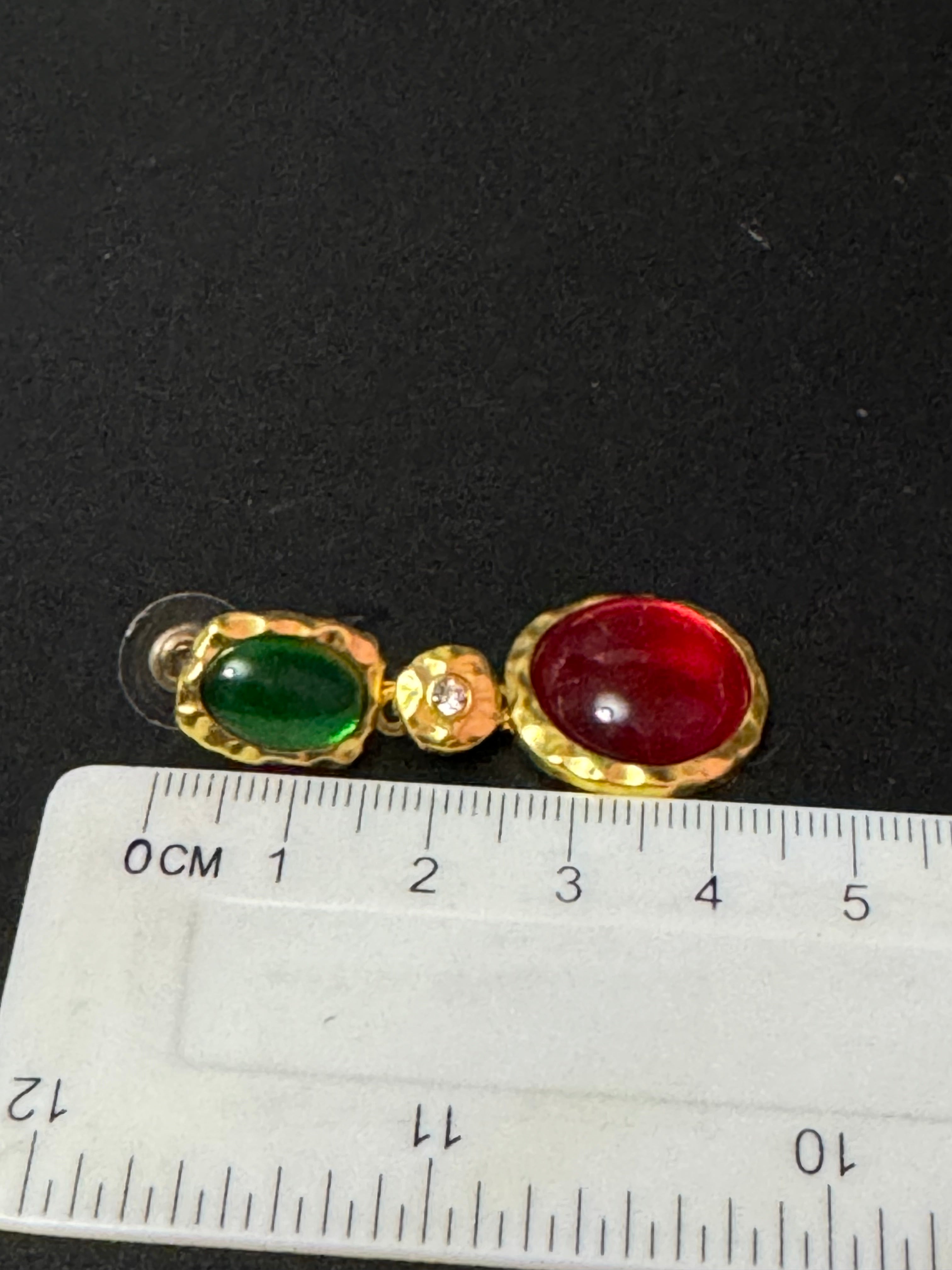 Matt gold tone Gripoix style crystal red and green cabochon earrings pierced