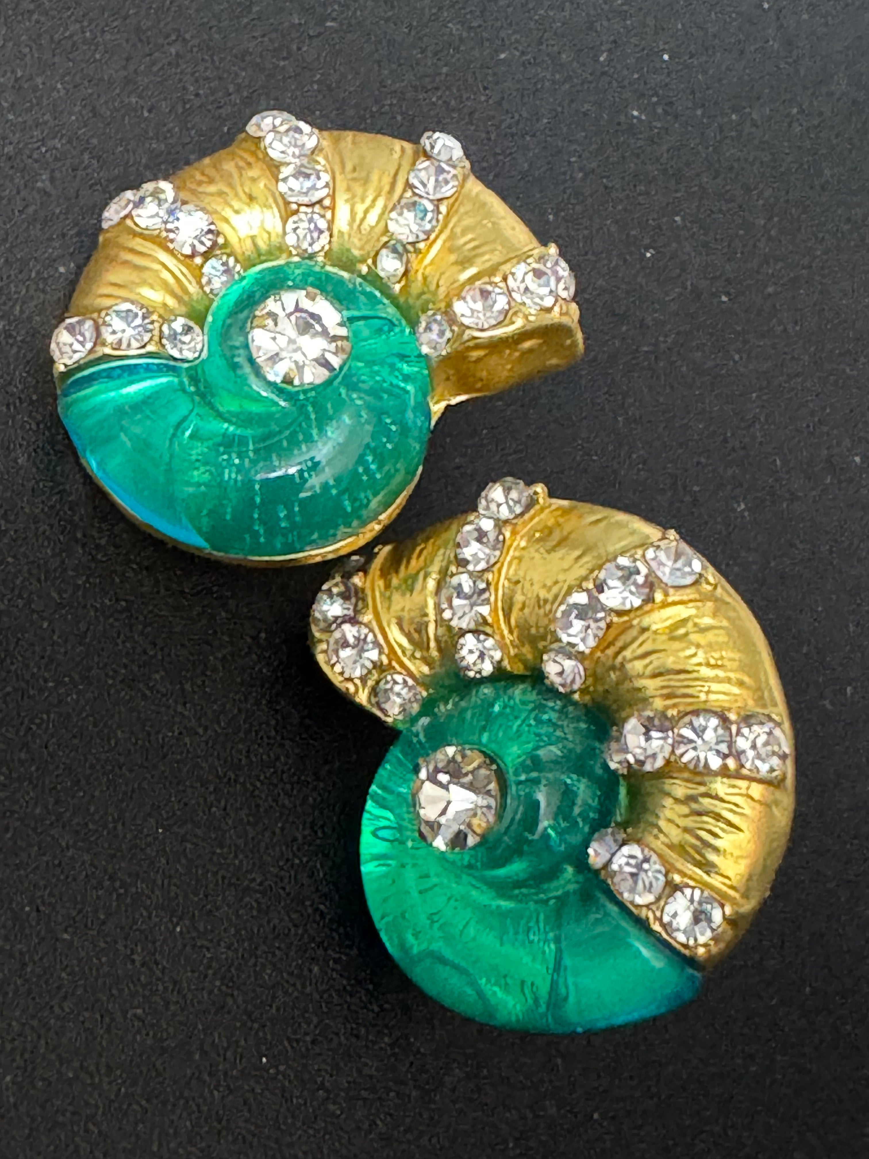 Diamanté crystal sea green acrylic gold tone ammonite seashell nautical earrings pierced
