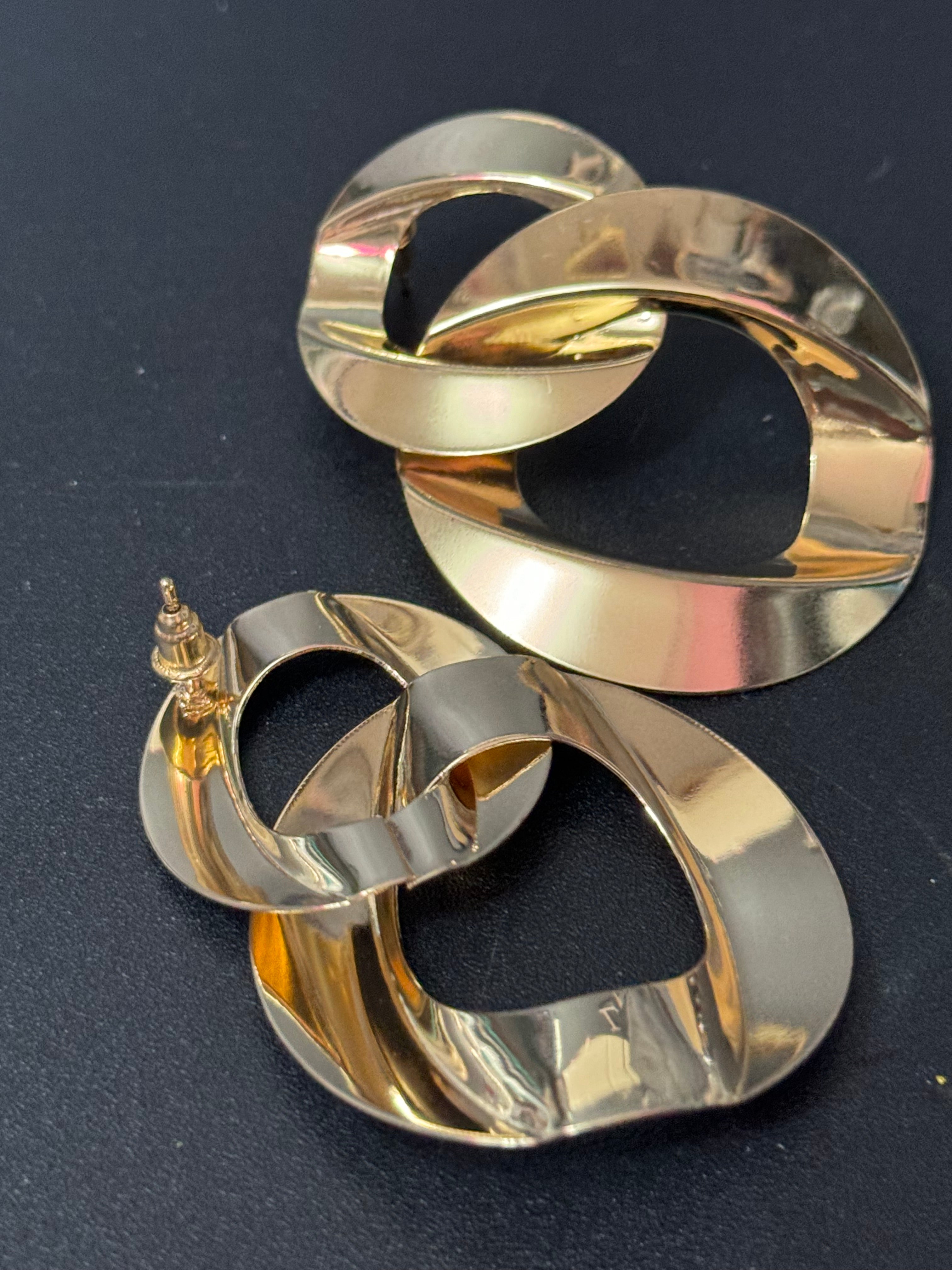 Oversized gold flat chain link drop earrings pierced