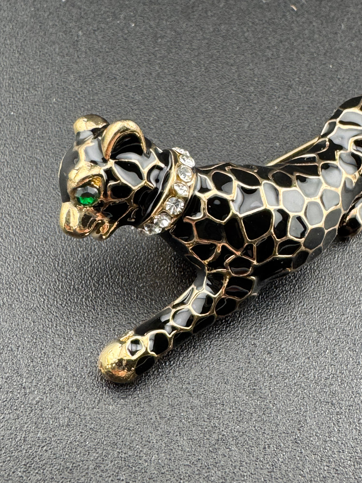 Leopard Panther Brooch, Black Enamel Crystal, Gold Tone, Big 6Cm