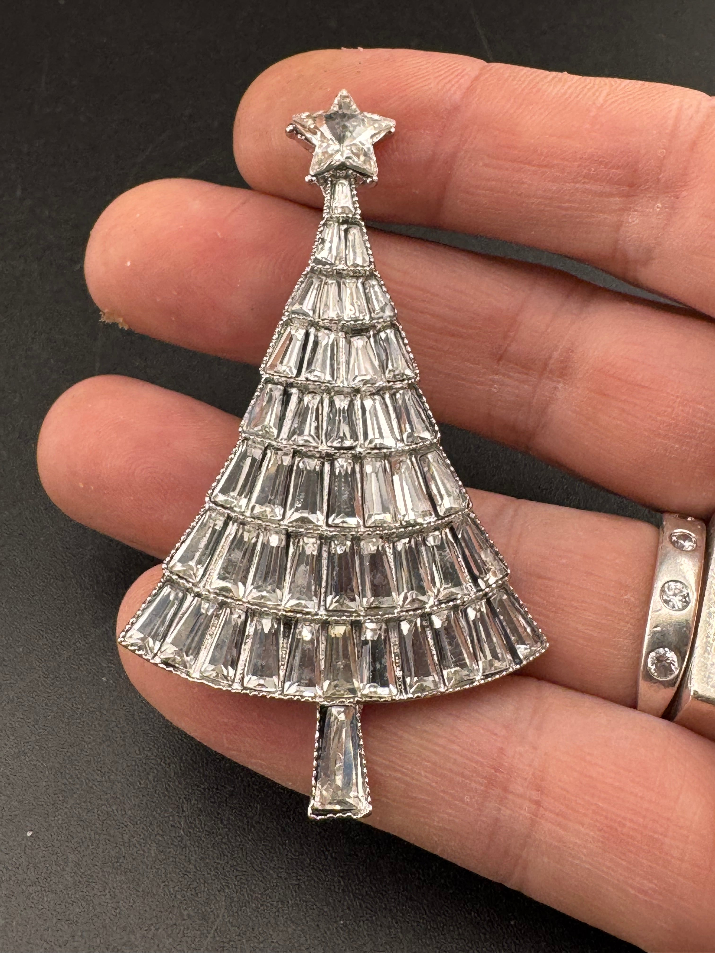 Baguette Crystal diamanté Christmas tree brooch, silver