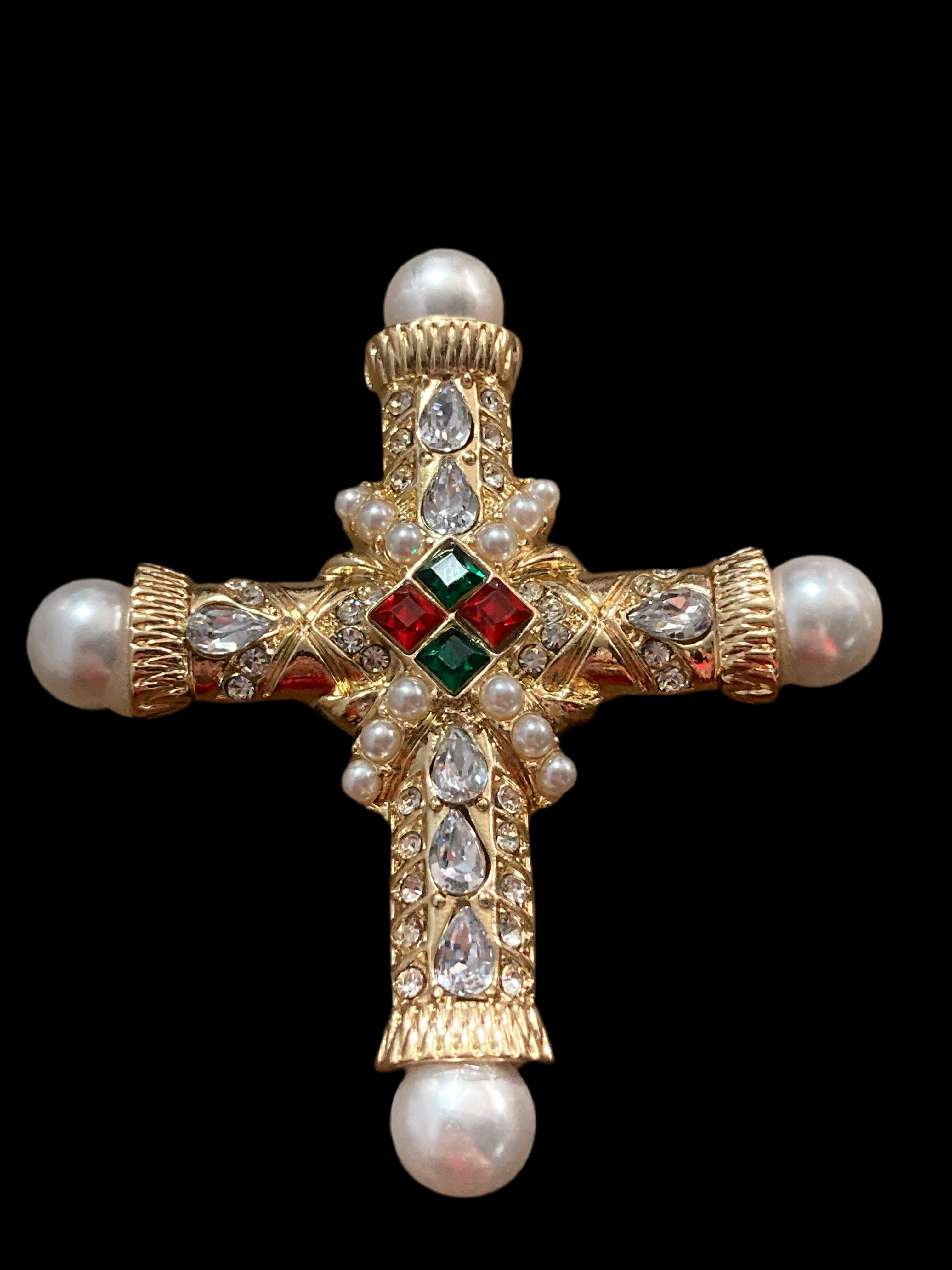 gold cross brooch and pendant with pearl and diamanté