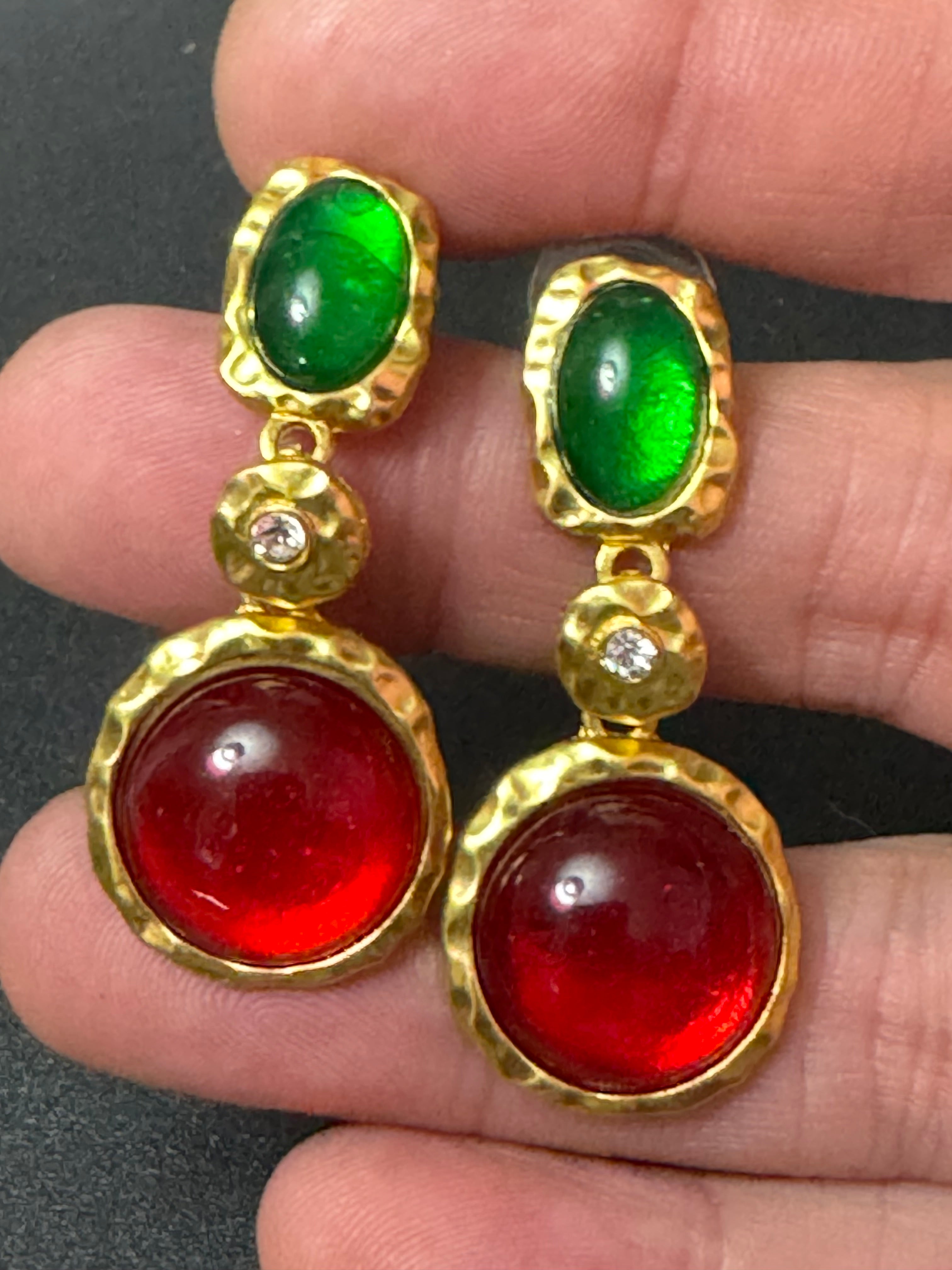 Matt gold tone Gripoix style crystal red and green cabochon earrings pierced