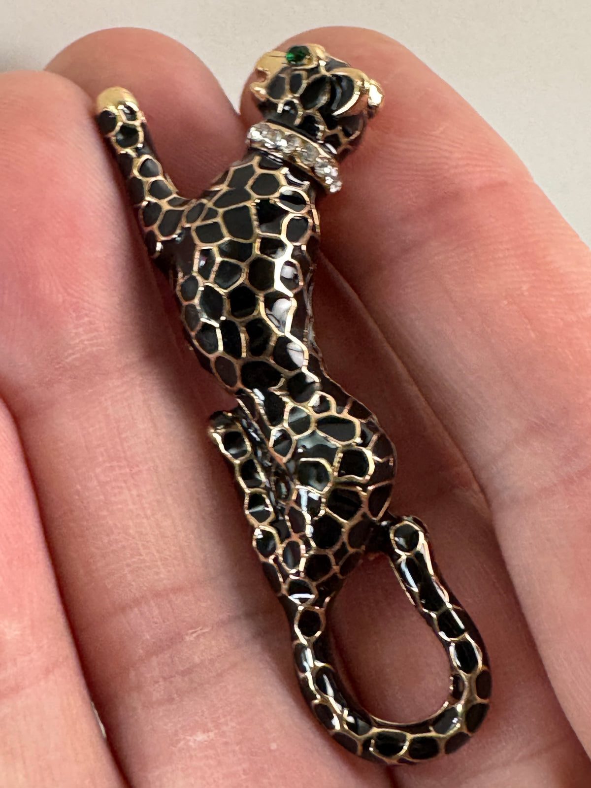 Leopard Panther Brooch, Black Enamel Crystal, Gold Tone, Big 6Cm