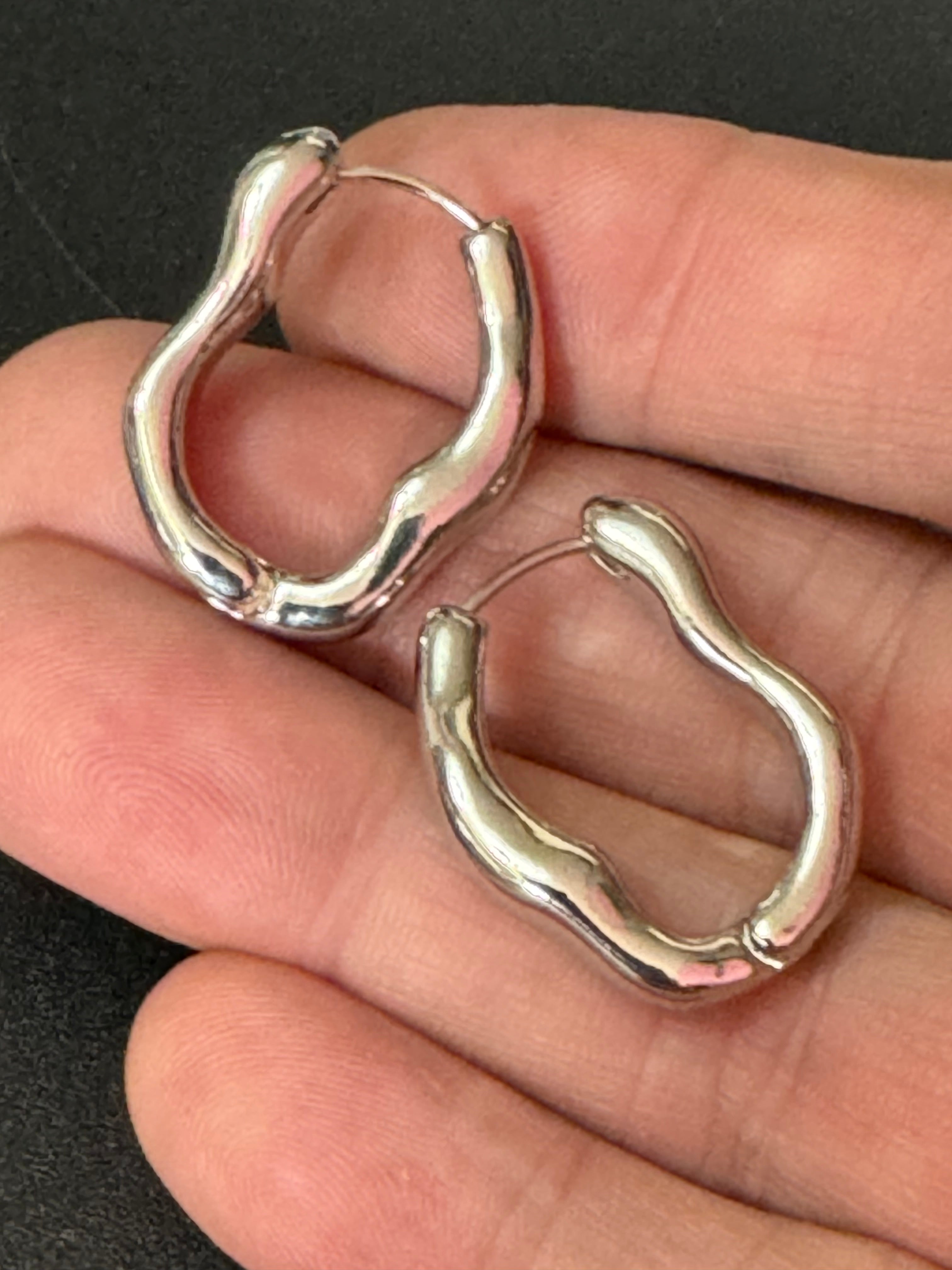 Silver Modernist abstract metal snap on hinged hoop earrings