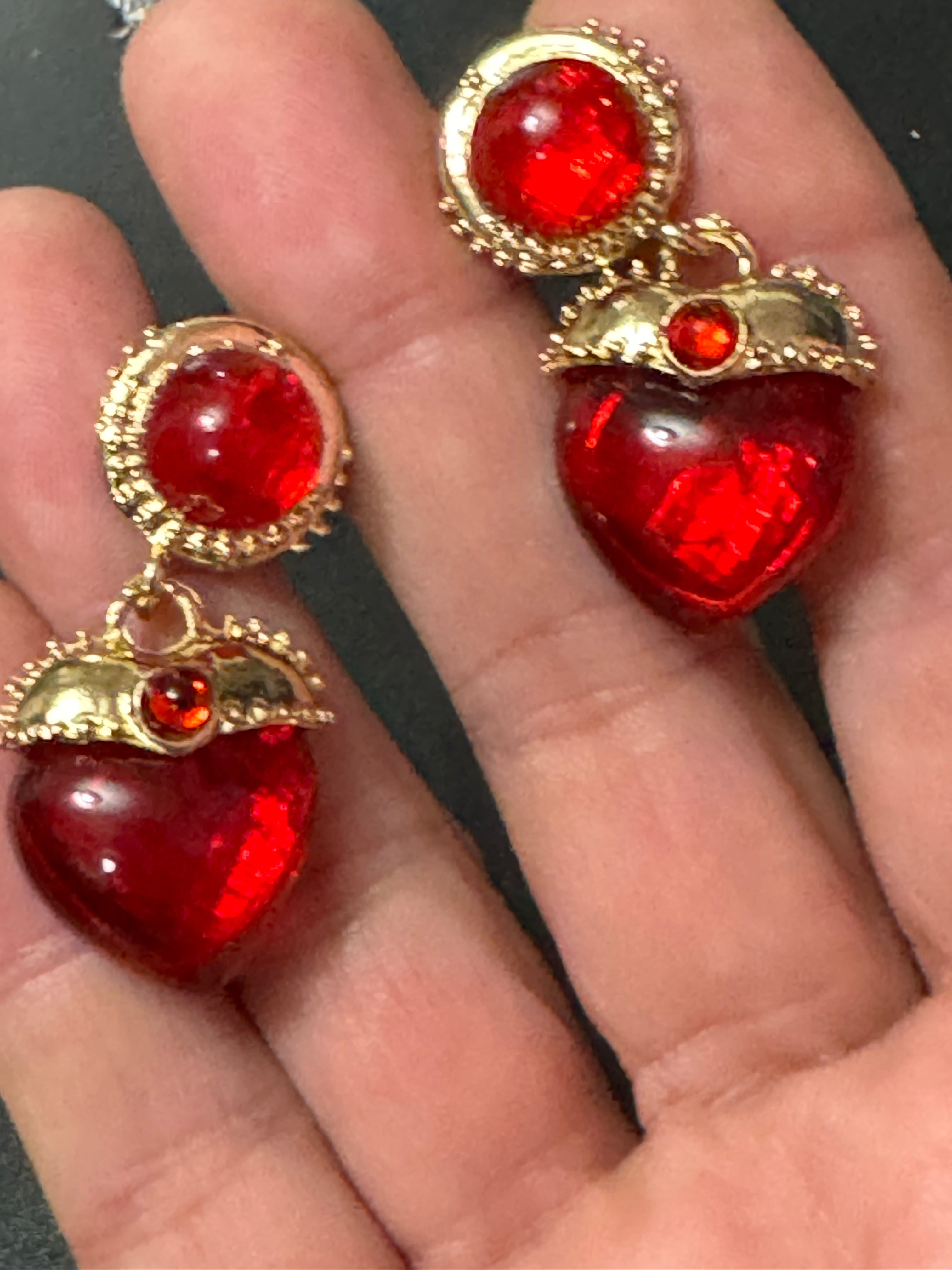 Oversized medieval style ruby red love heart cabochon drop earrings gold tone