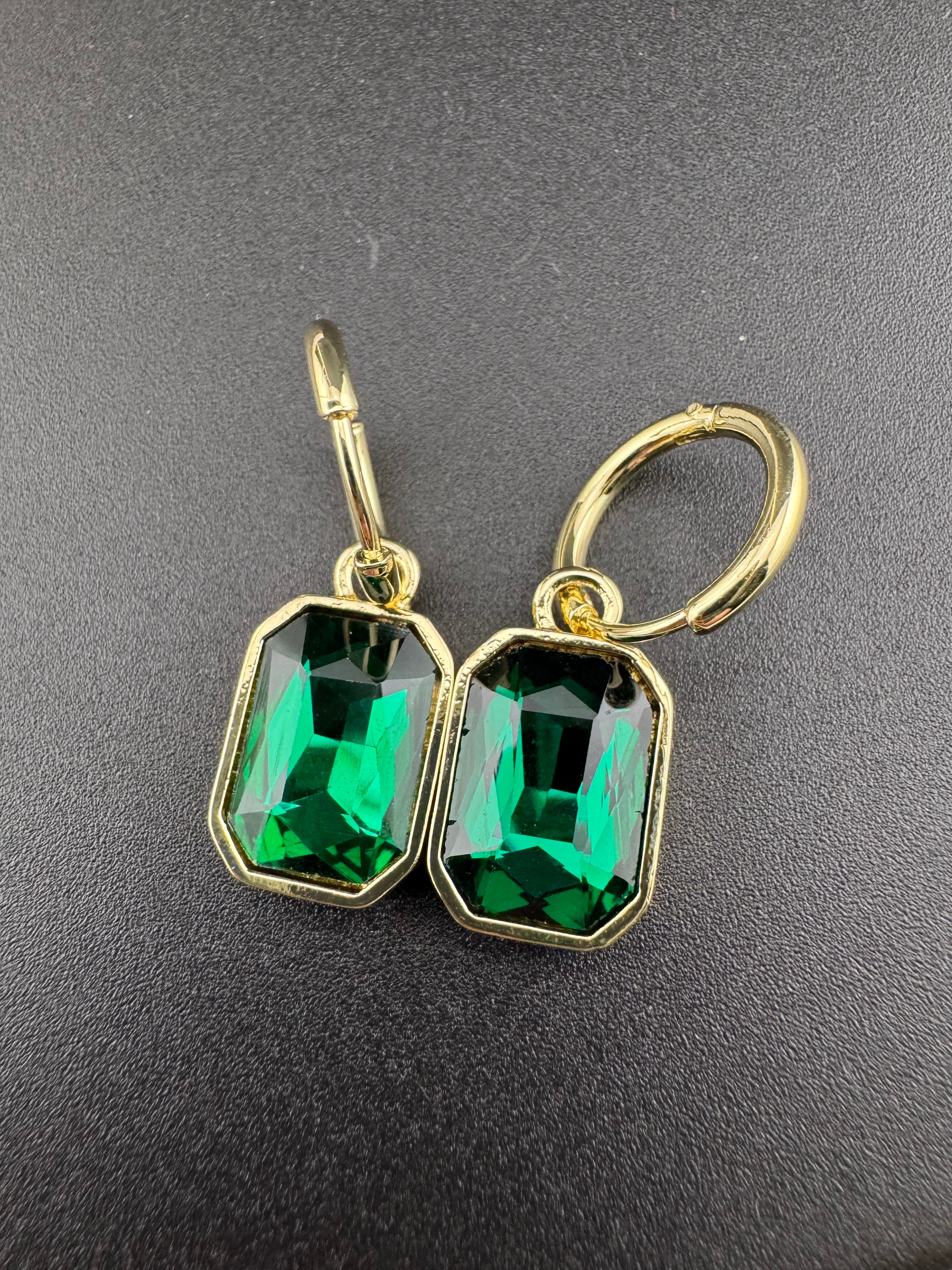 Emerald green diamond glass crystal octagonal charm small hoop earrings pierced, gold plated