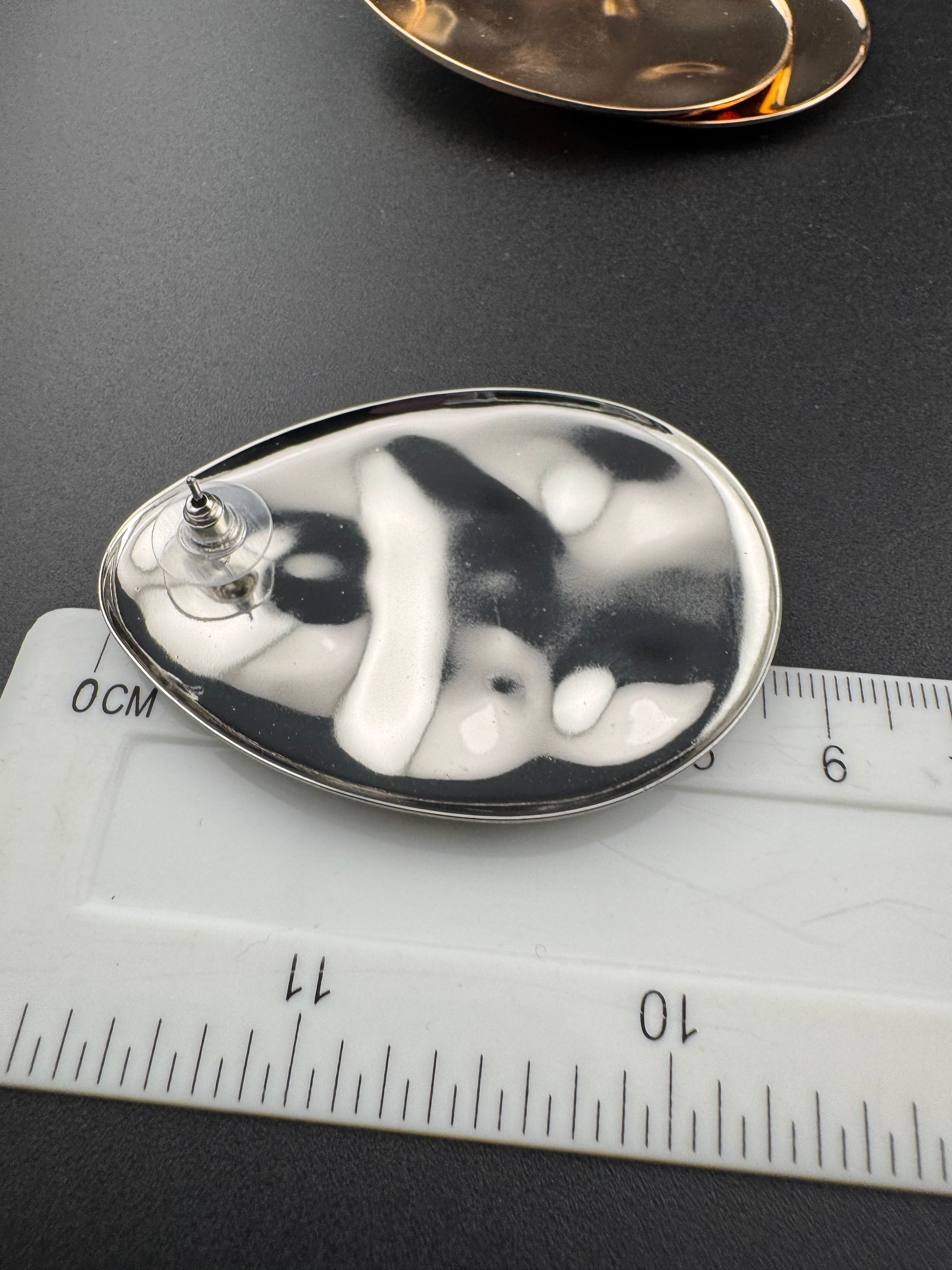 Oversized gold and silver tone flat abstract oval huge stud earrings pierced