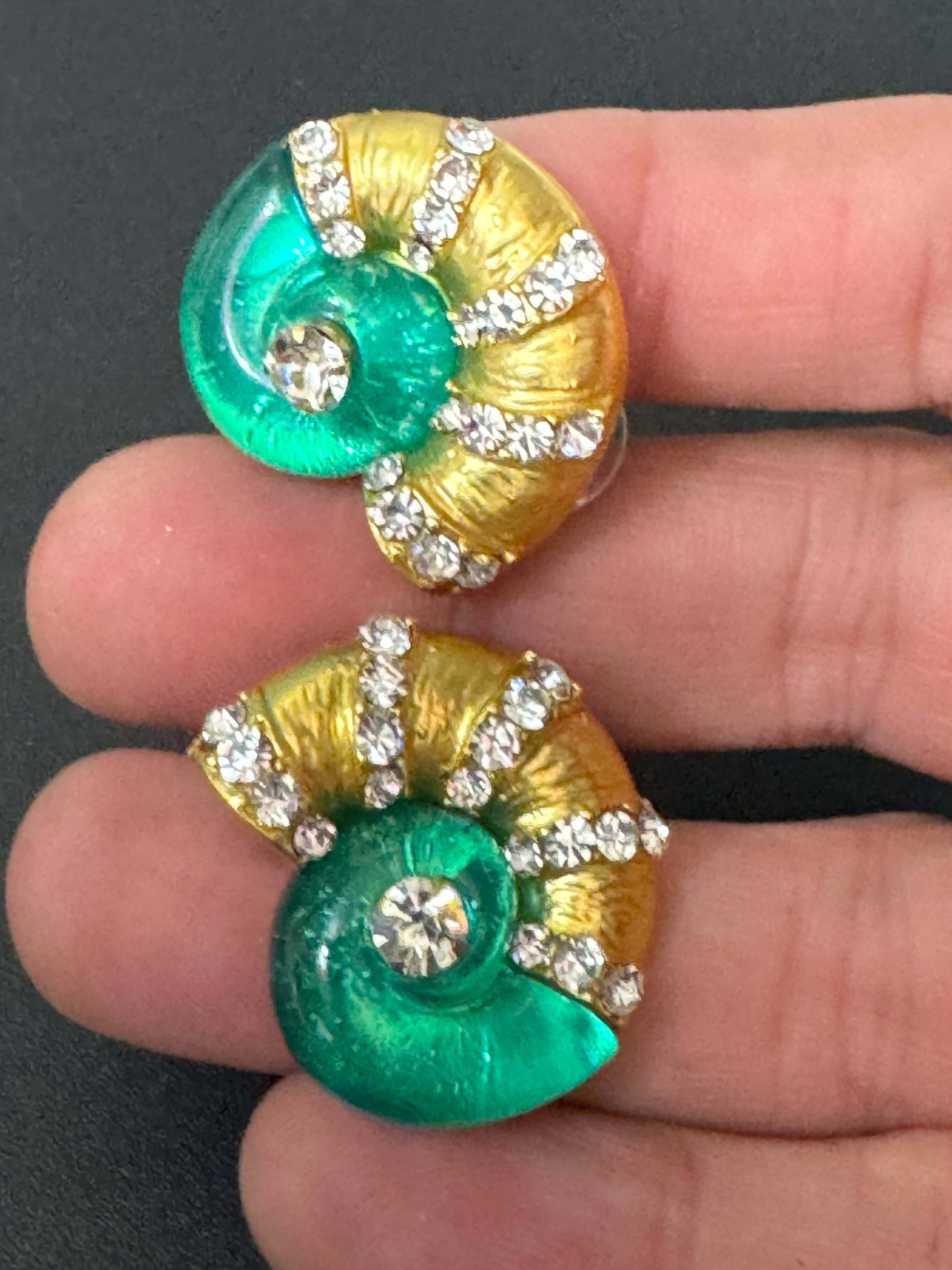 Diamanté crystal sea green acrylic gold tone ammonite seashell nautical earrings pierced