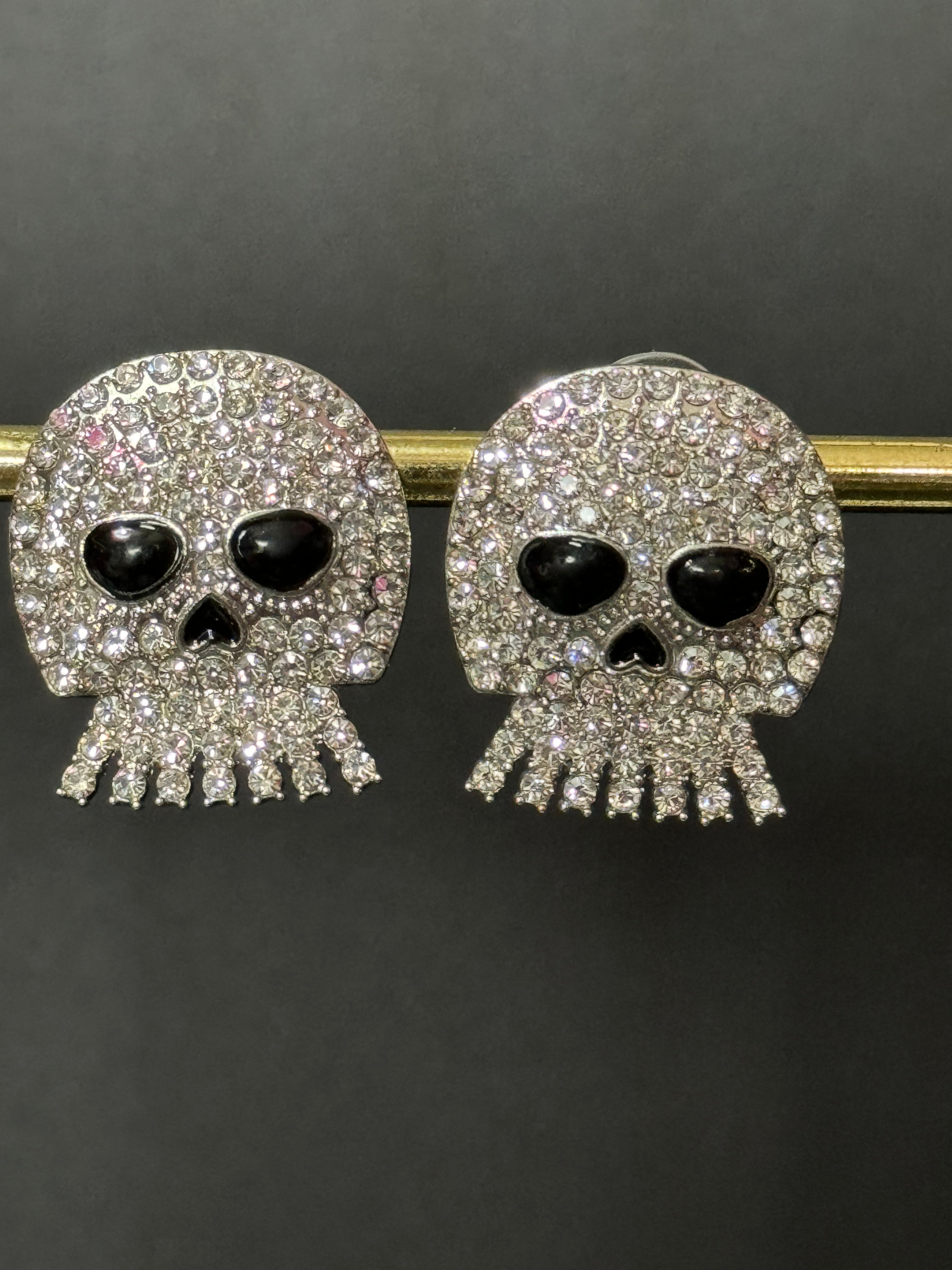Spooky crystal diamanté skeleton skull earrings for Halloween