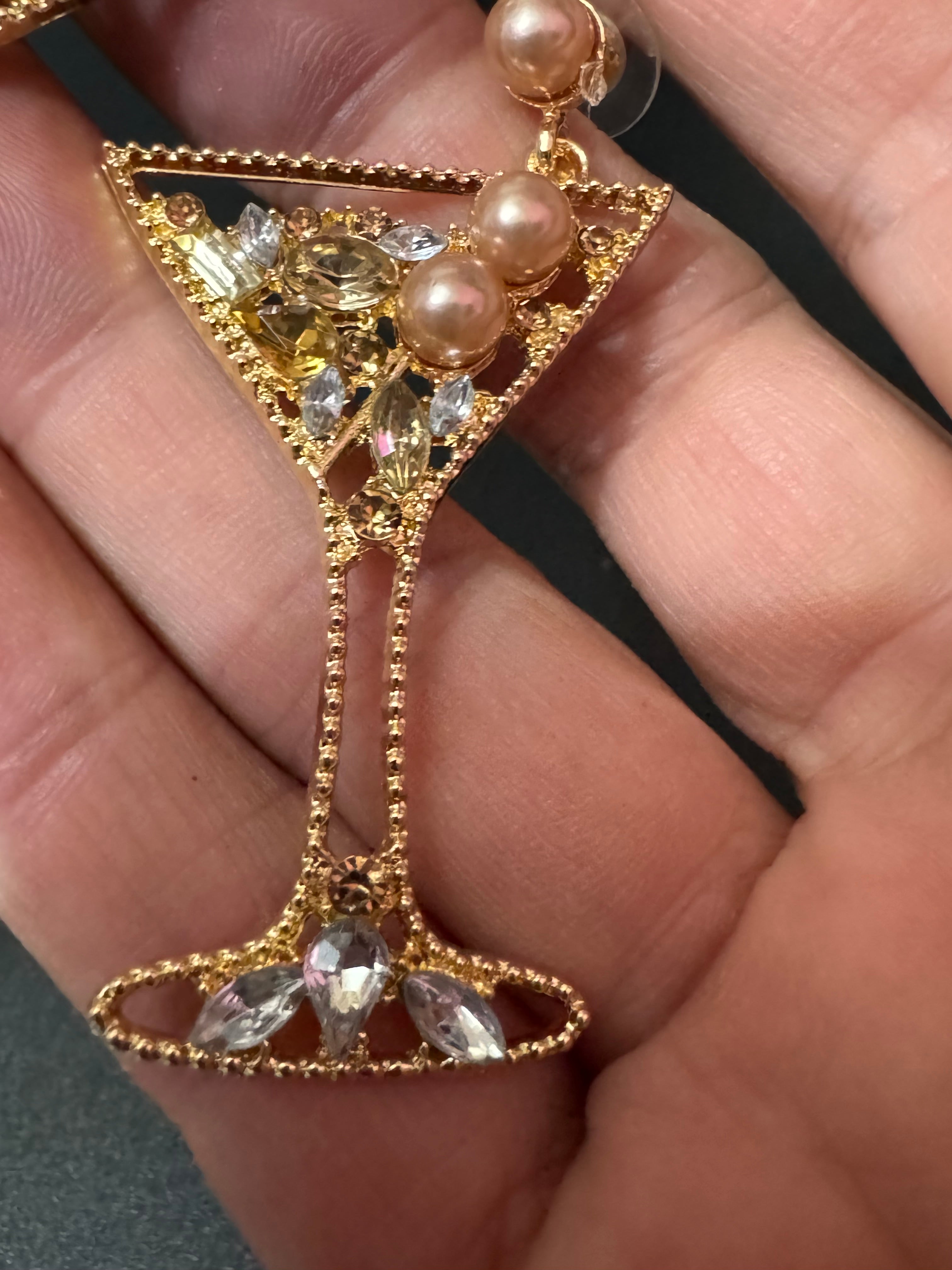 Novelty oversized faux pearl diamanté crystal champagne cocktail glass earrings