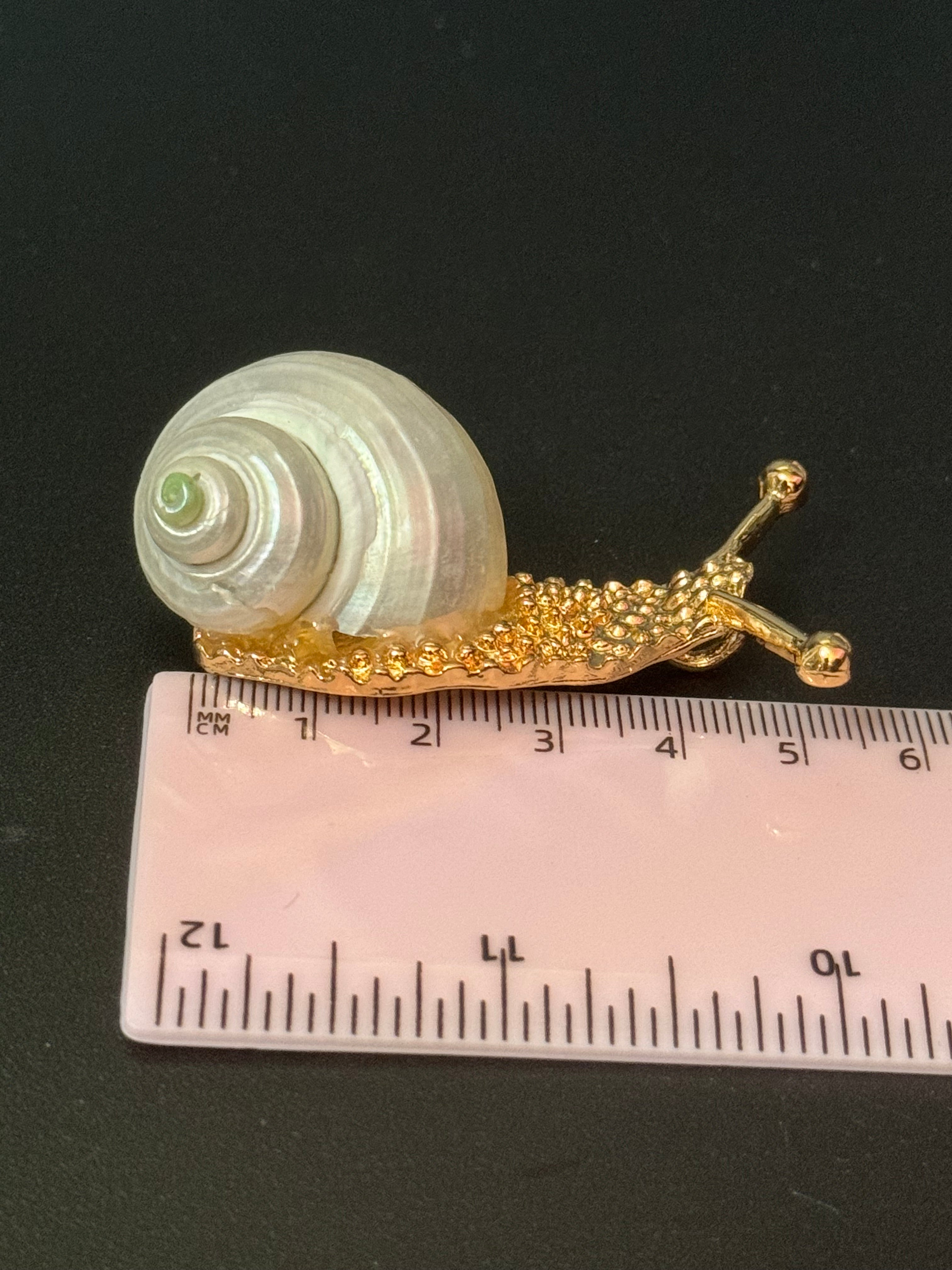 White seashell gold tone snail brooch