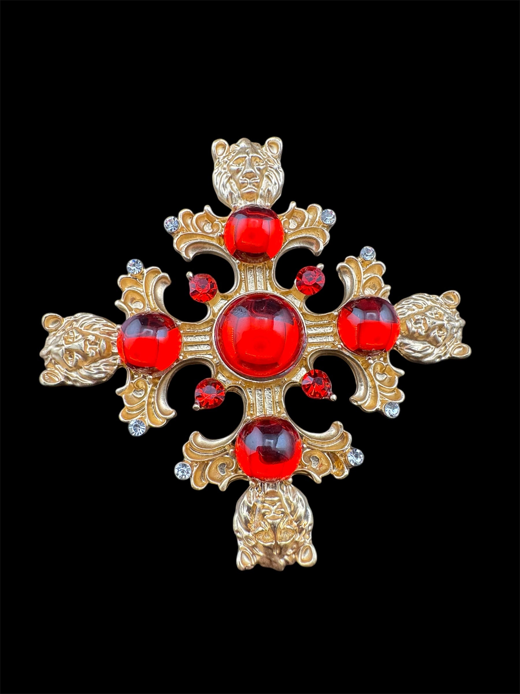 Medieval style Large faux red ruby cabochon matt gold lions head oversized cross brooch