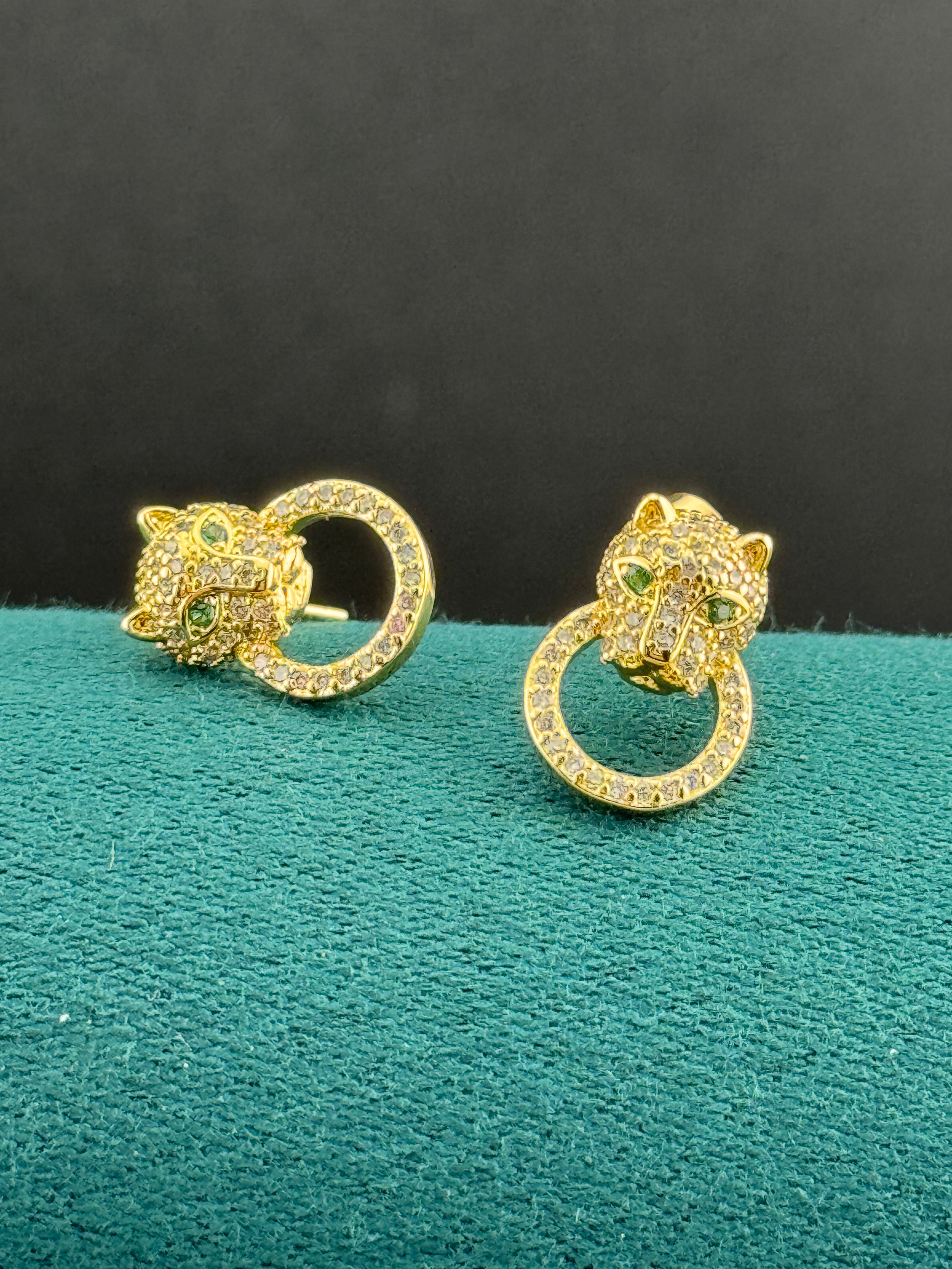 High end small gold plated Cz crystal leopard panther big cat stud earrings