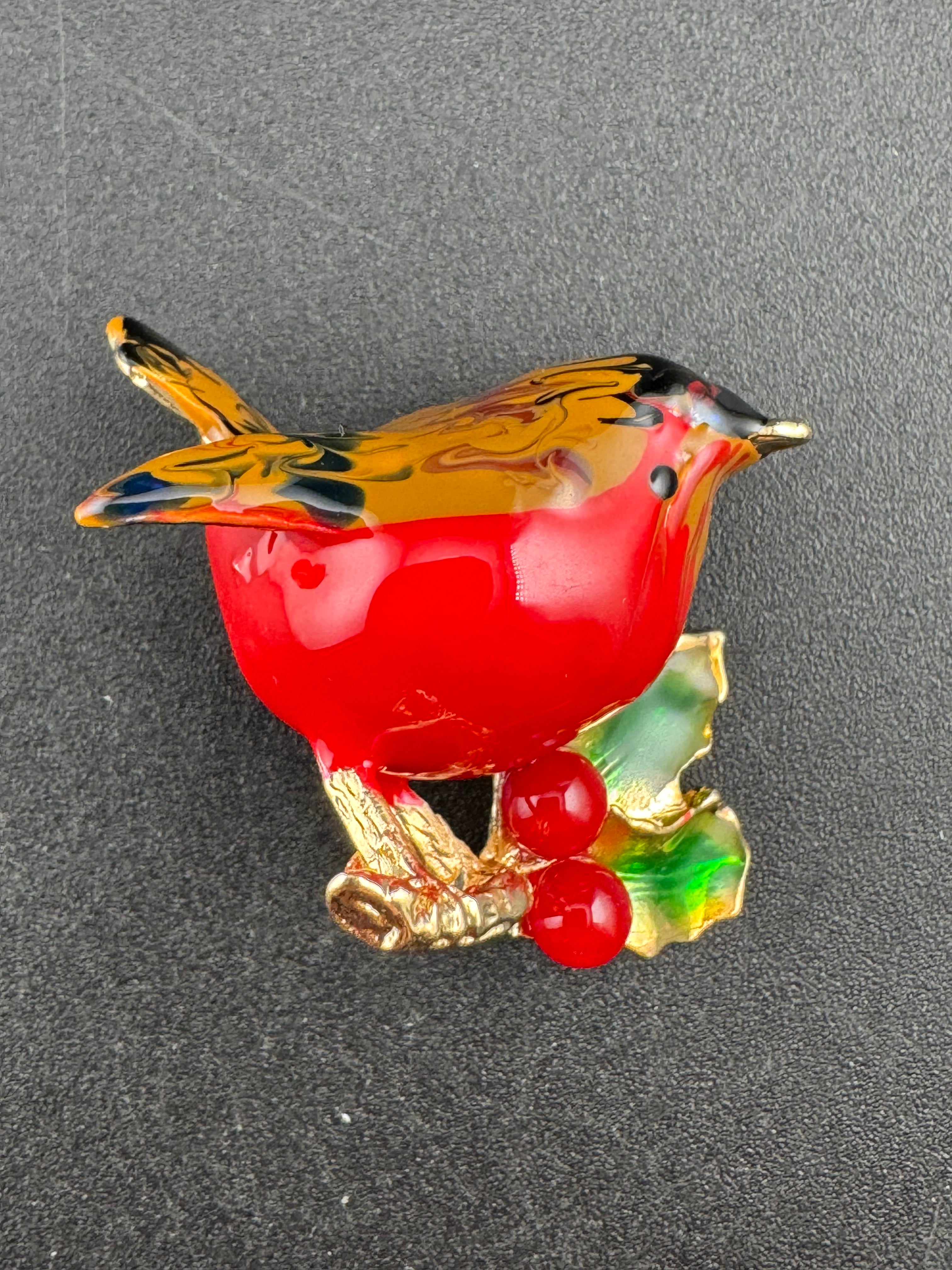 Enamel Christmas Robin bird brooch with holly