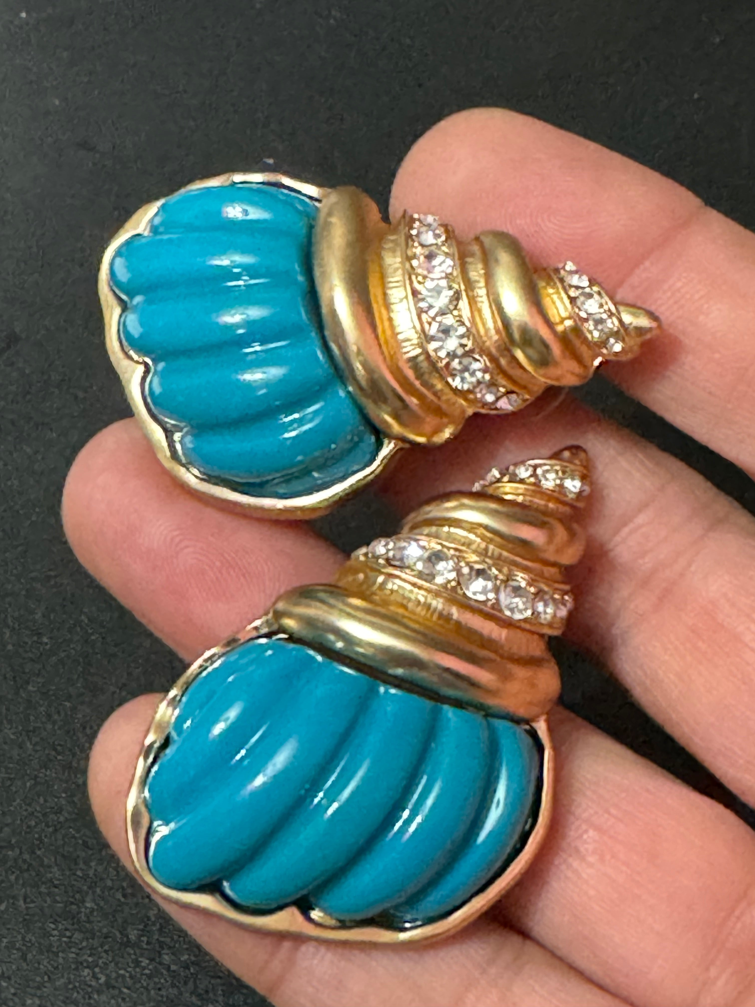 Oversized XL turquoise blue and gold seashell conch crystal earrings
