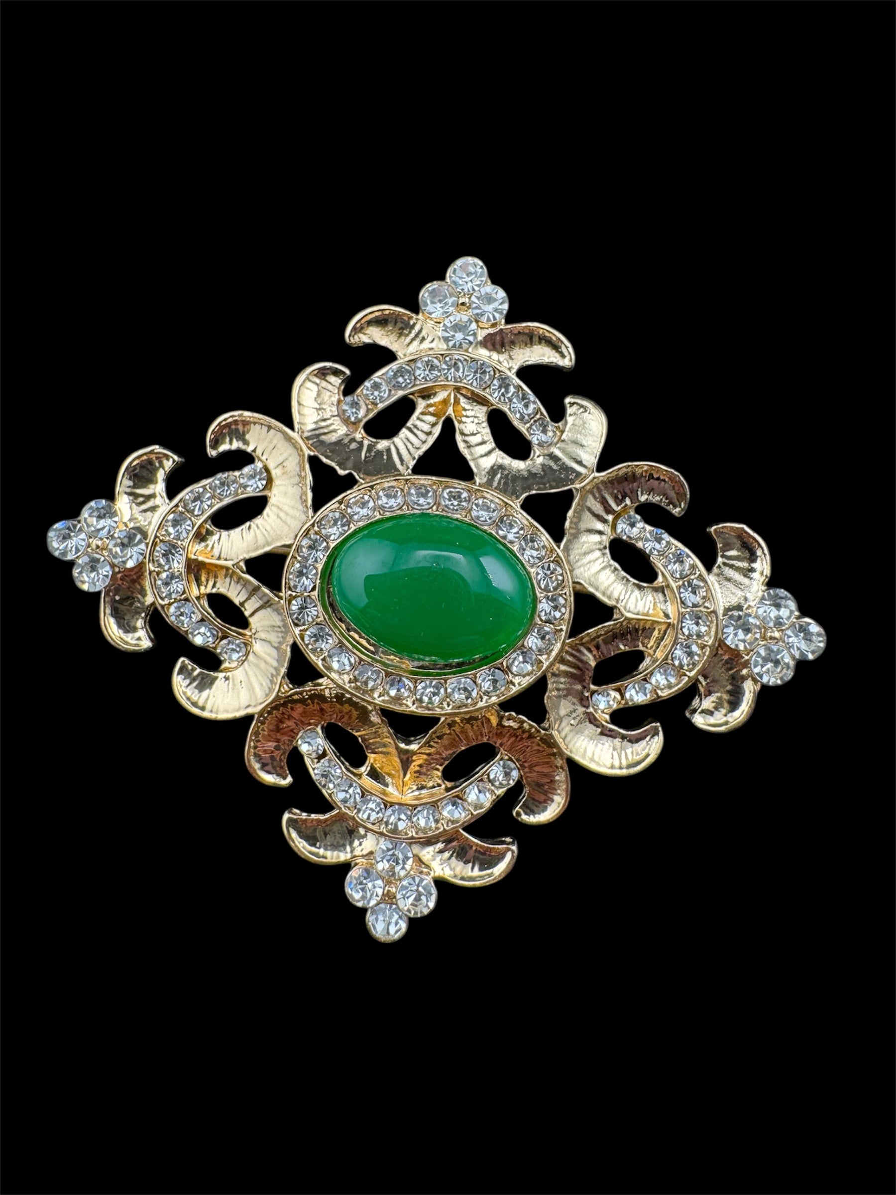 Statement Medieval style gold emerald cabochon rhinestone cross brooch