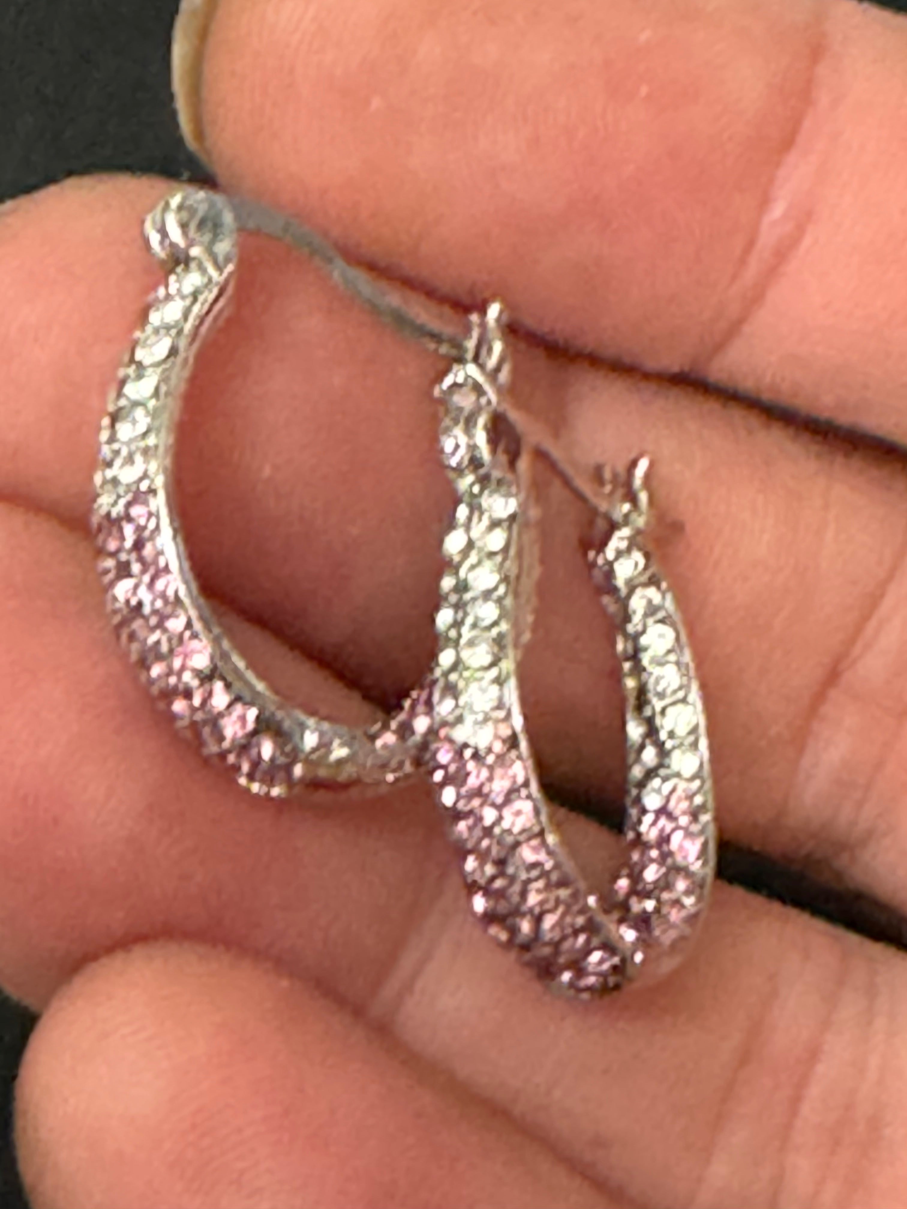 Pink & clear diamanté Crystal silver tone small oval hoop earrings