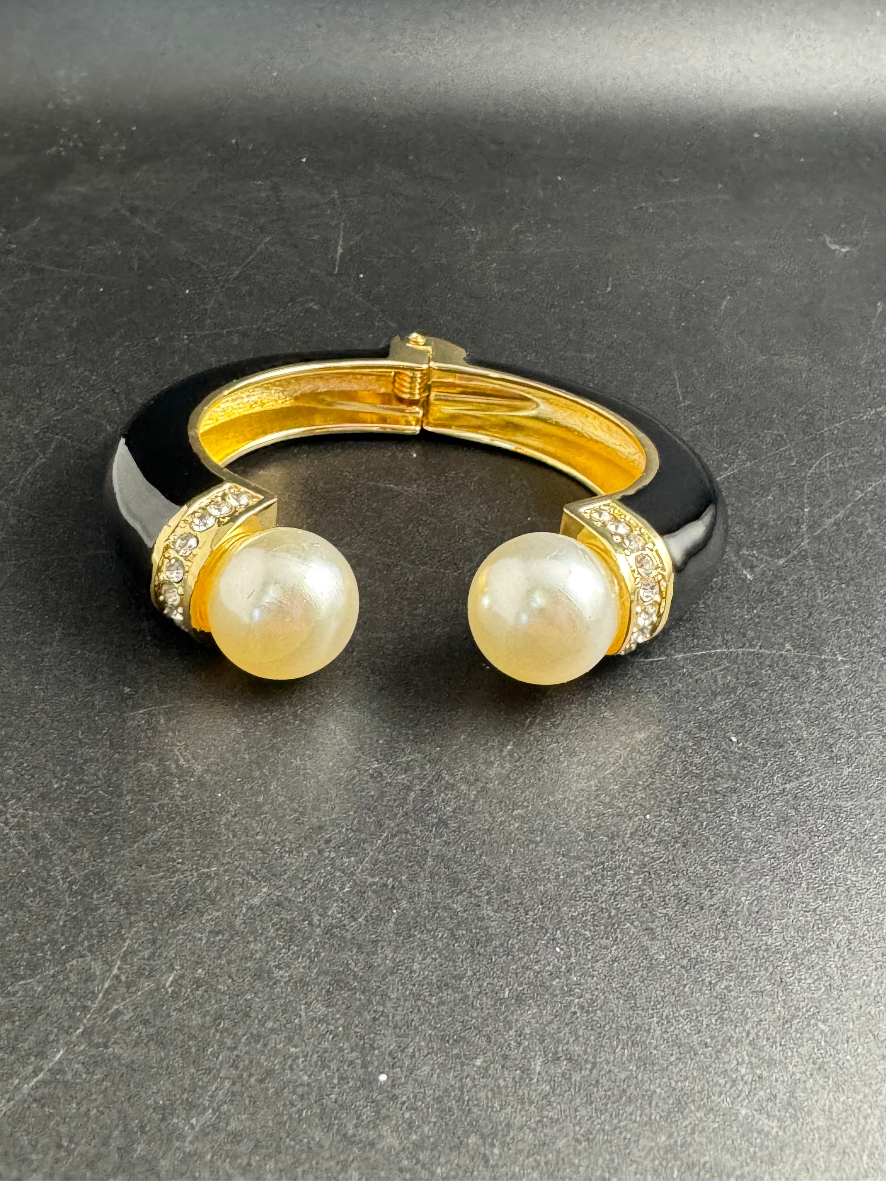 Classic black enamel Crystal clamper Bangle with pearl ball ends