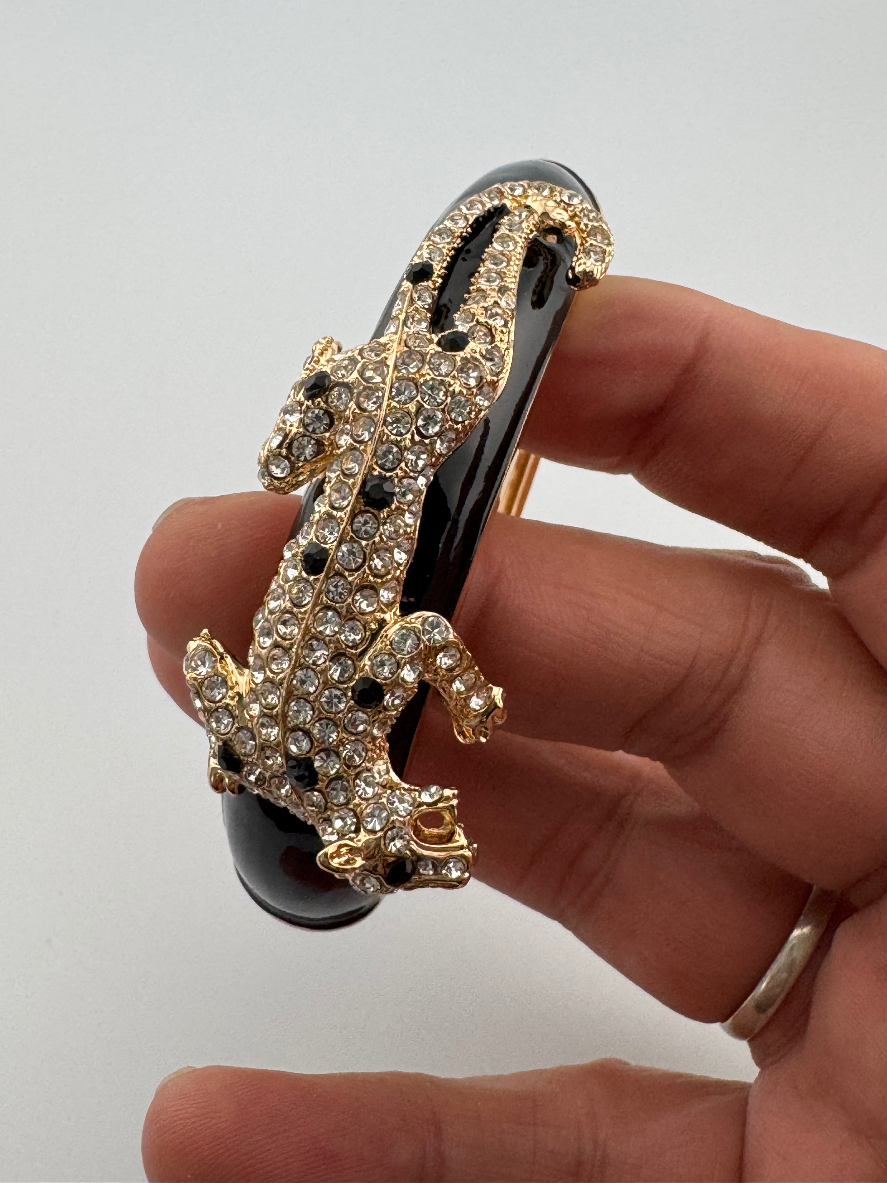 Classic black and clear Crystal black enamel Leopard clamper Bangle Animal big cat Bracelets