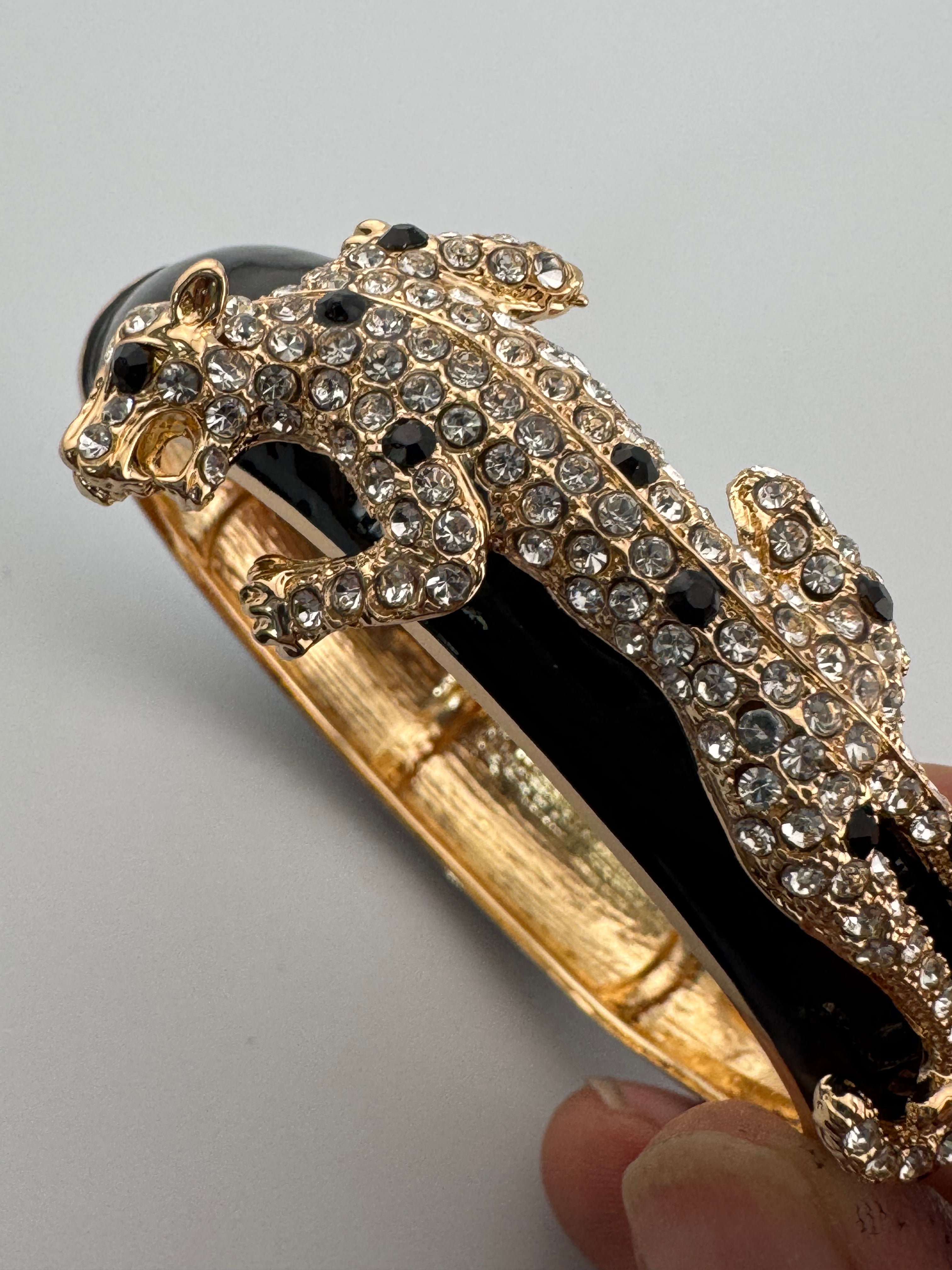 Classic black and clear Crystal black enamel Leopard clamper Bangle Animal big cat Bracelets