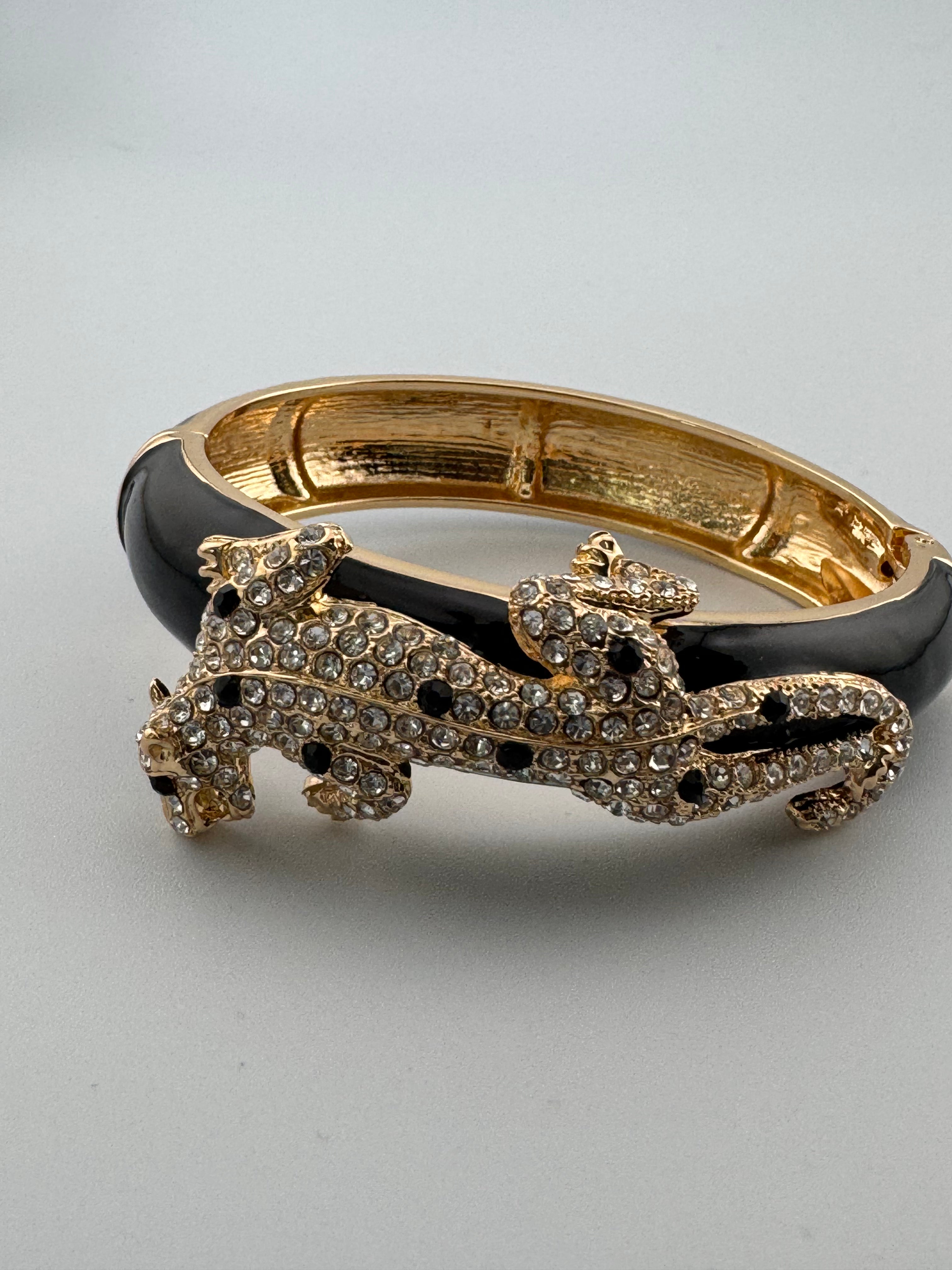Classic black and clear Crystal black enamel Leopard clamper Bangle Animal big cat Bracelets