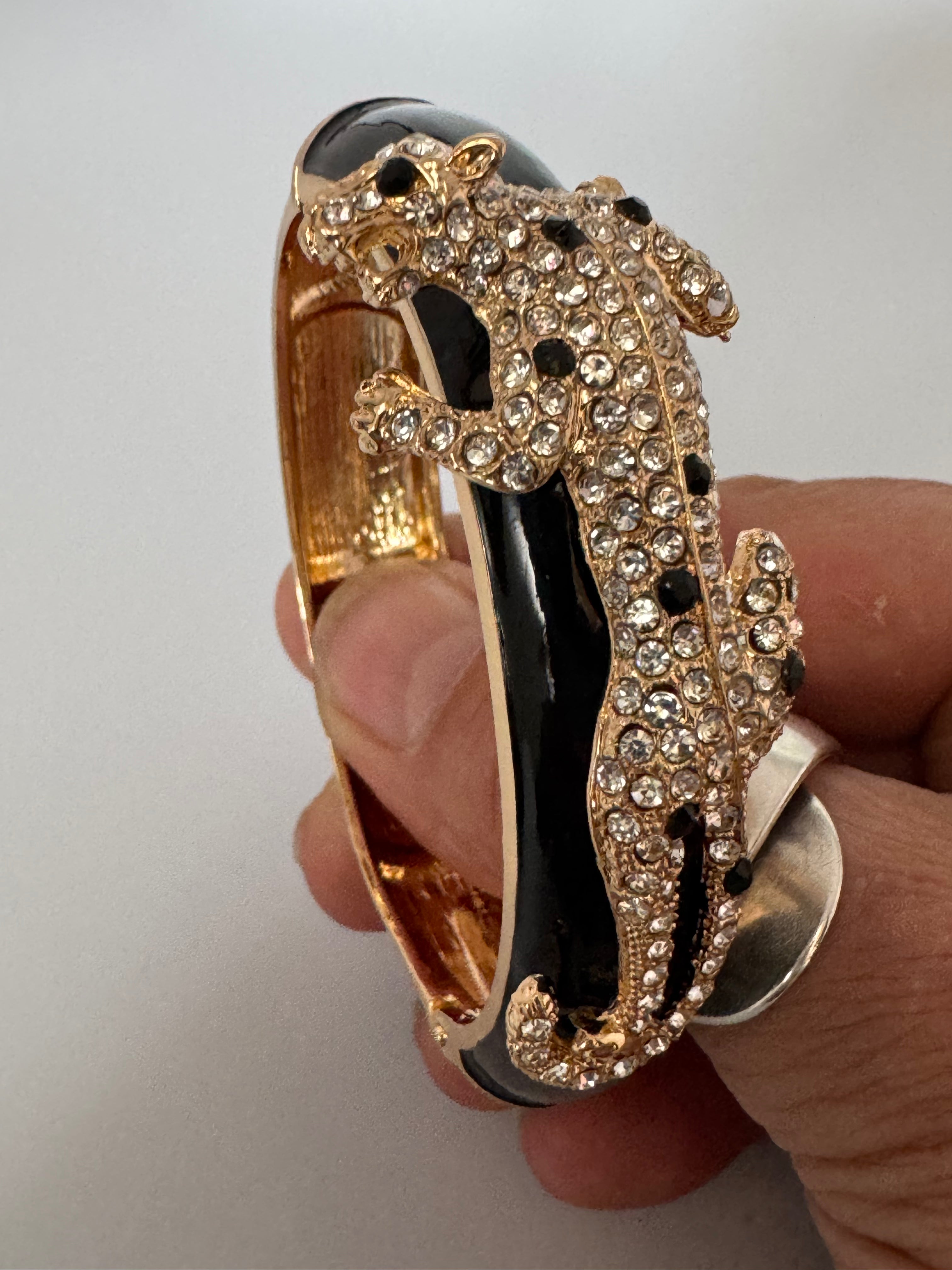 Classic black and clear Crystal black enamel Leopard clamper Bangle Animal big cat Bracelets