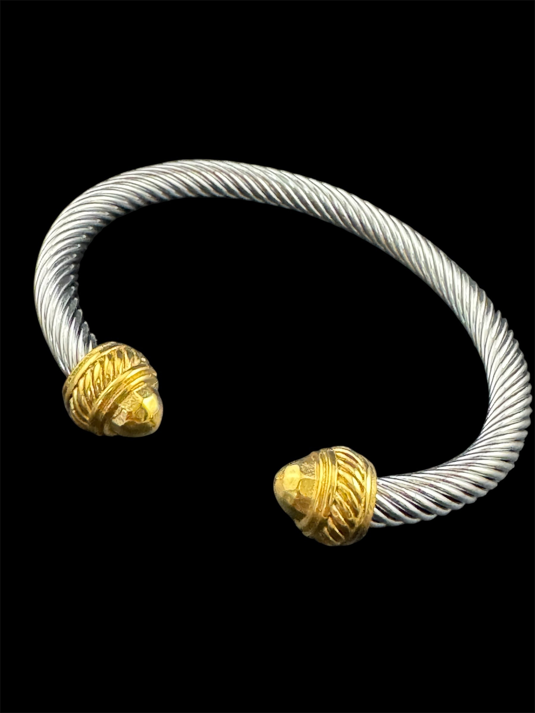 Etruscan style open twisted metal torque cuff bangle silver and gold tone