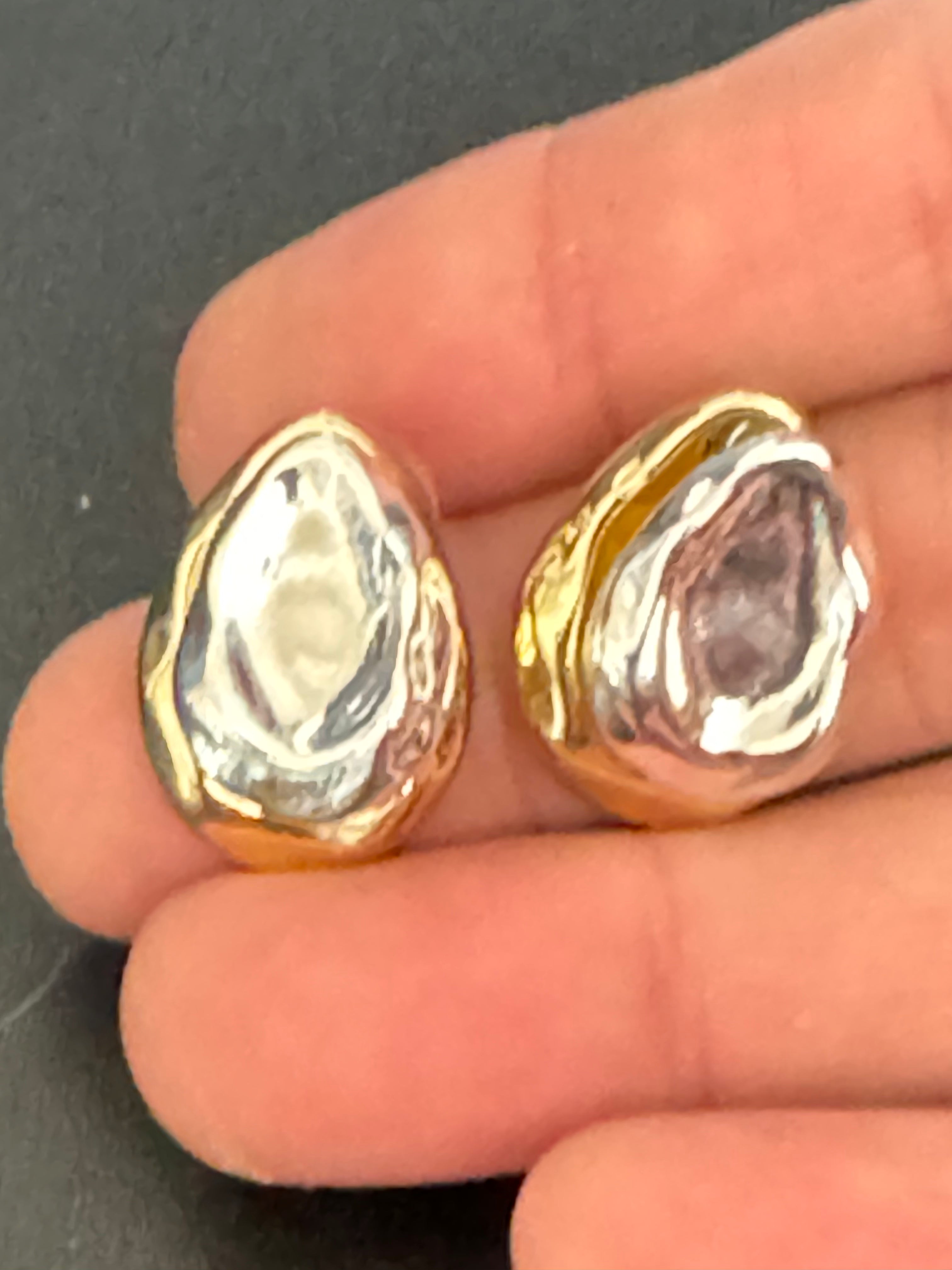 Small silver and gold statement Textured oval pierced stud earrings