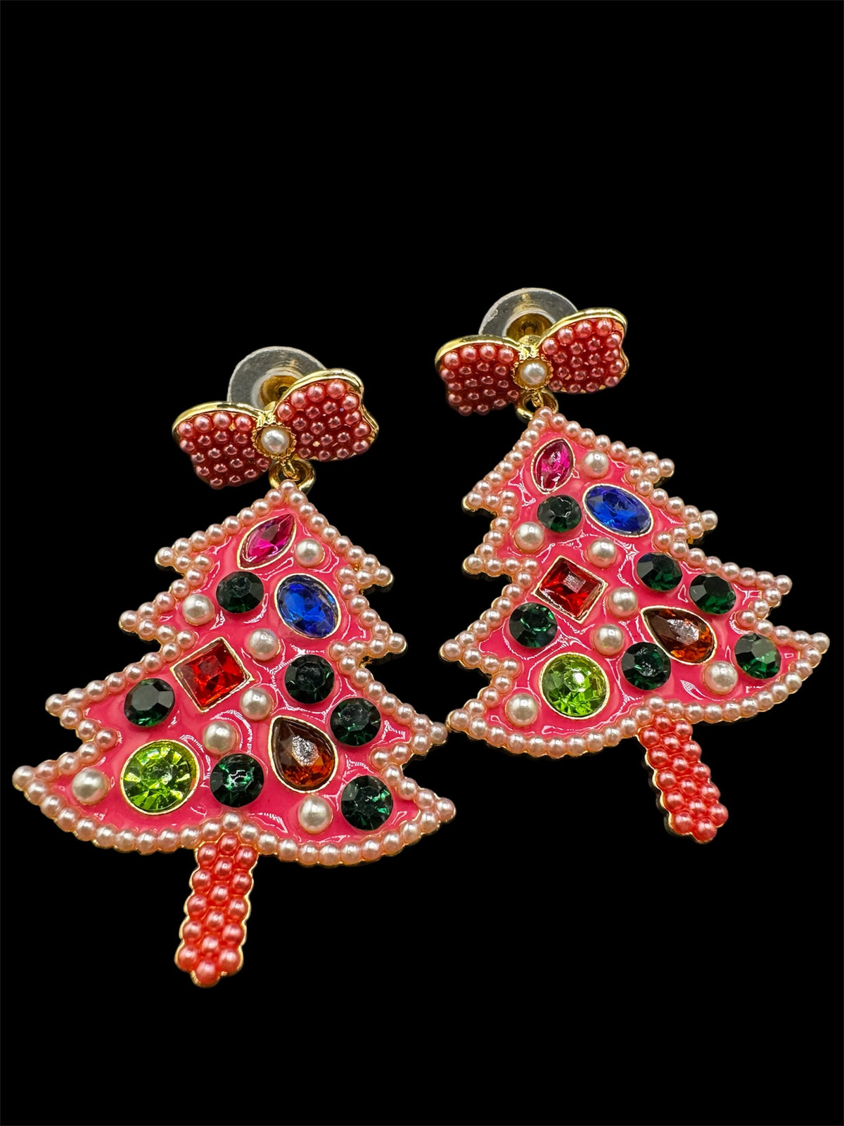 Oversized pink Christmas tree dangly earrings for pierced ears