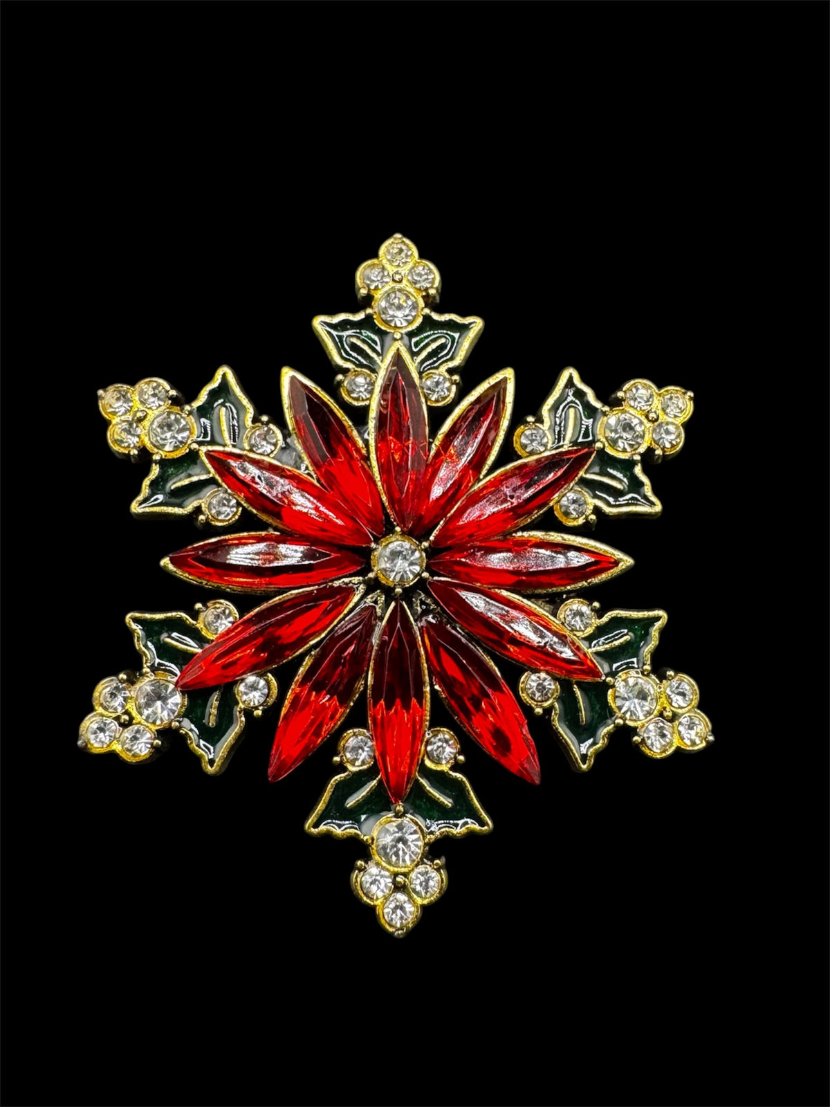 Christmas Poinsettia Brooch, Rhinestone Flower, Red Green Gold Tone