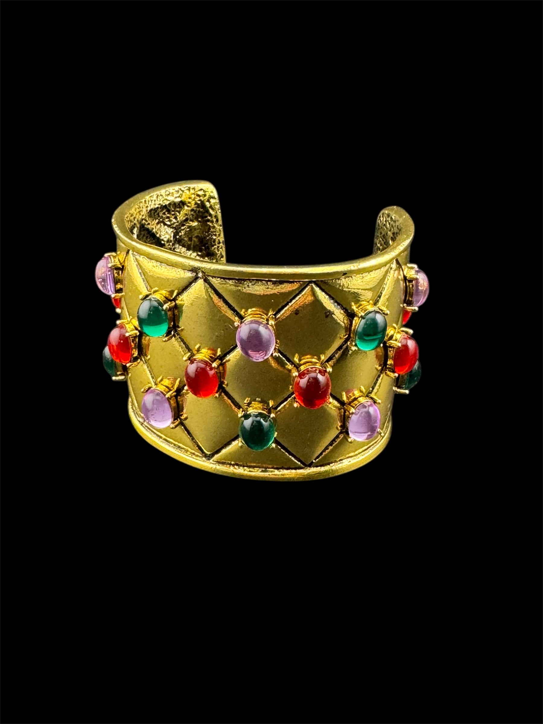 Etruscan style oversized open wide gold metal cushion cuff bangle with purple green red oval cabochons, medieval vibes