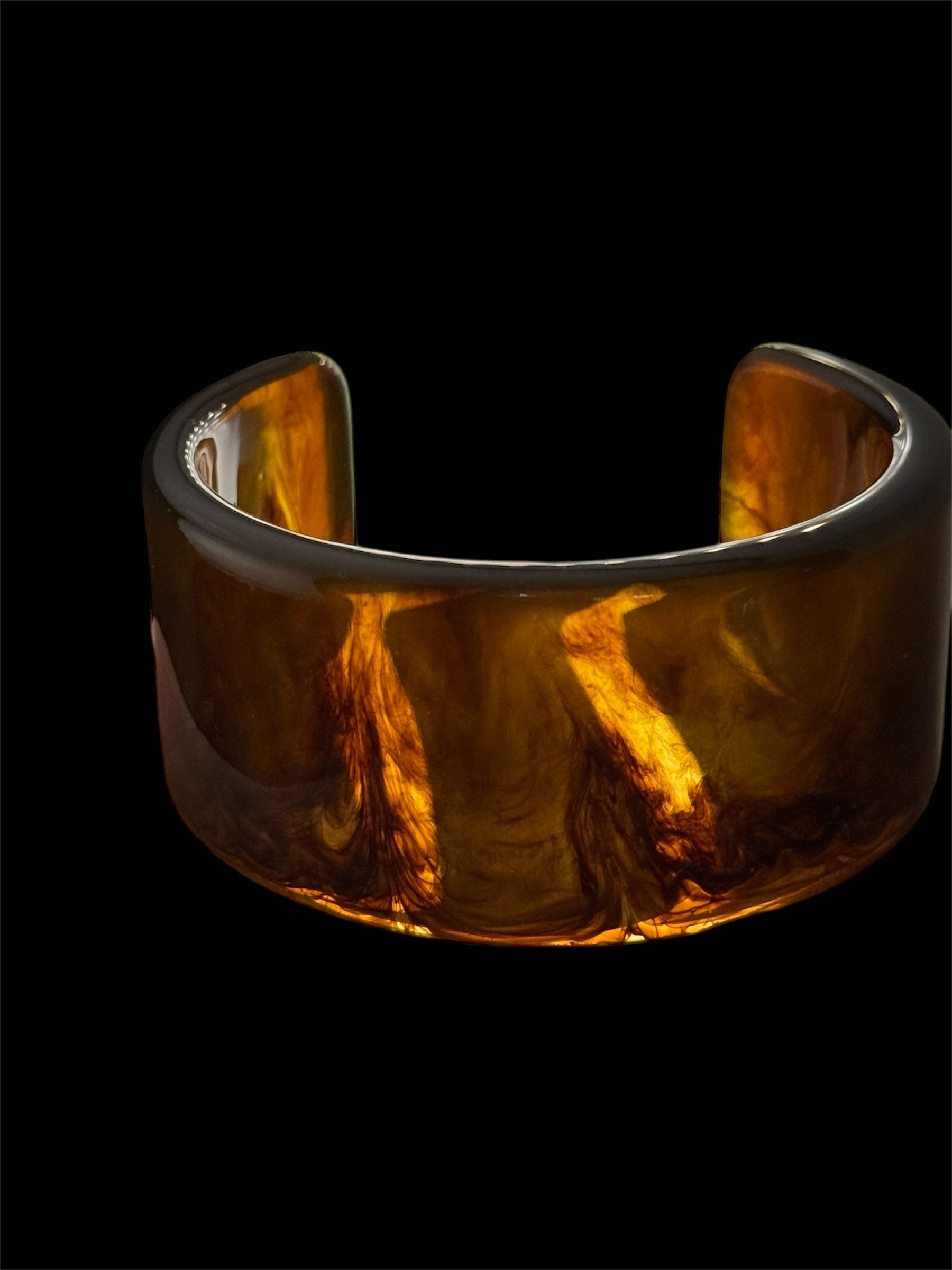 Wide acrylic brown faux tortoiseshell open cuff bangle bracelet