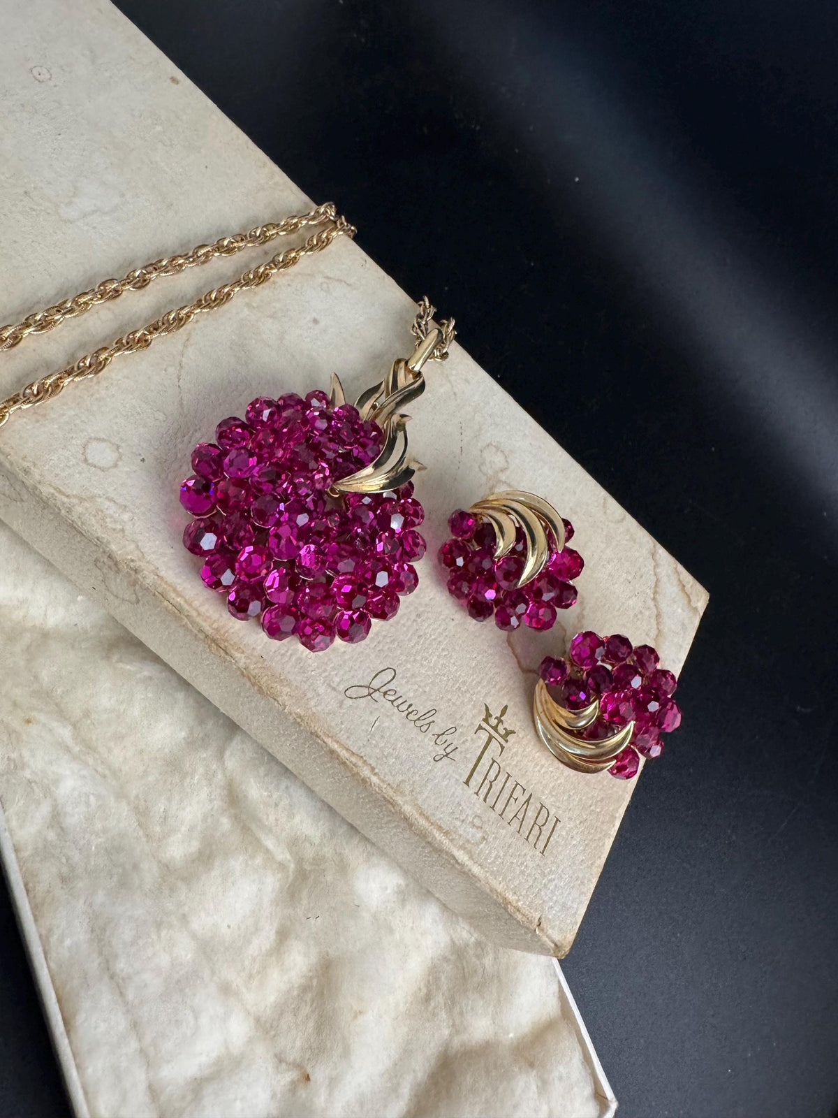 Vintage Trifari Jewelry Set, Pink Briolette Pendant Clip Earrings