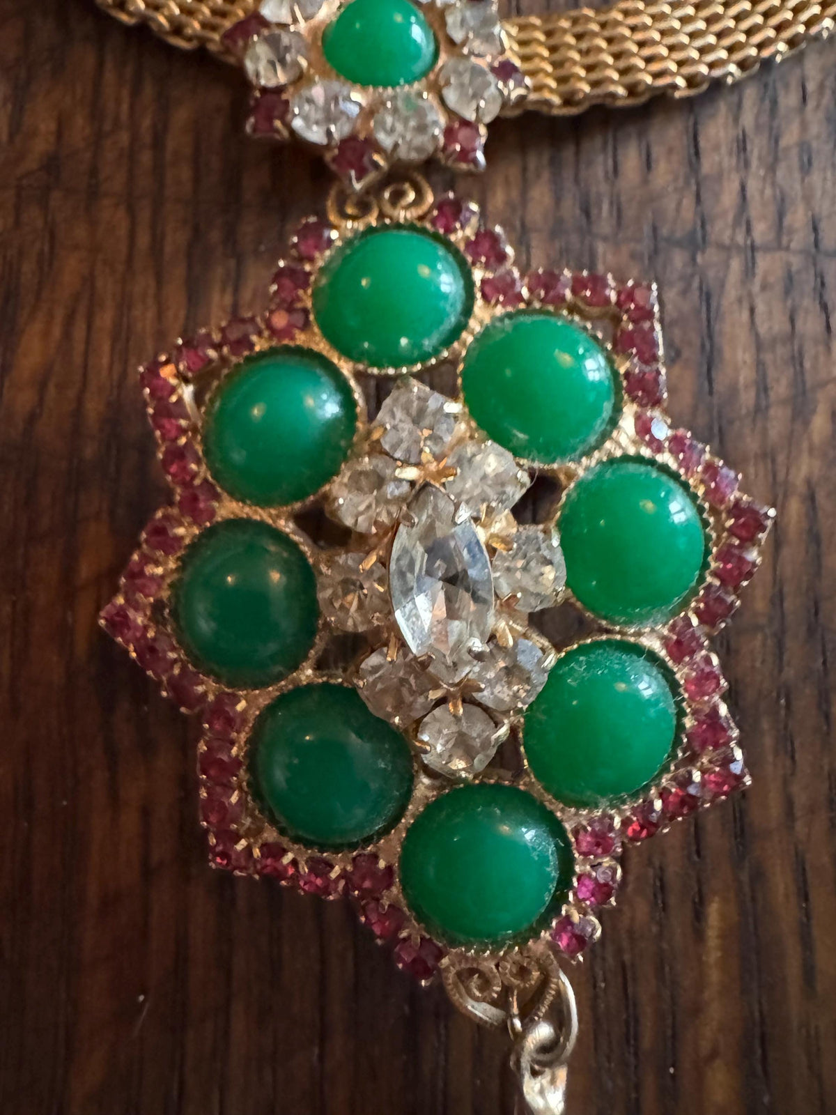 Vintage Juliana Jewelry Set, Pink Rhinestone, Green Cabochon, Gold Mesh