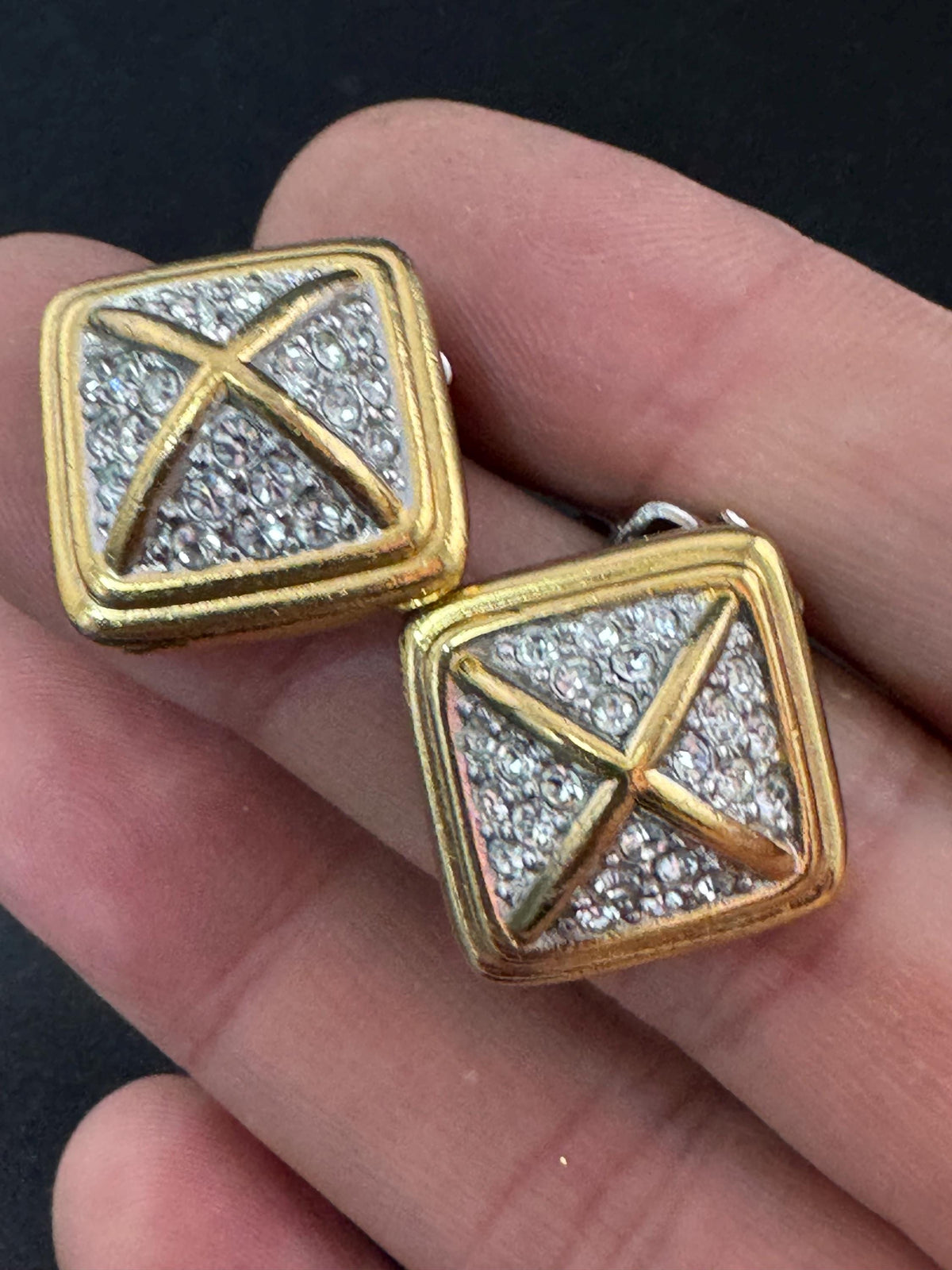 Grosse Vintage Clip Earrings Signed Square Rhinestone, Gold 17Mm