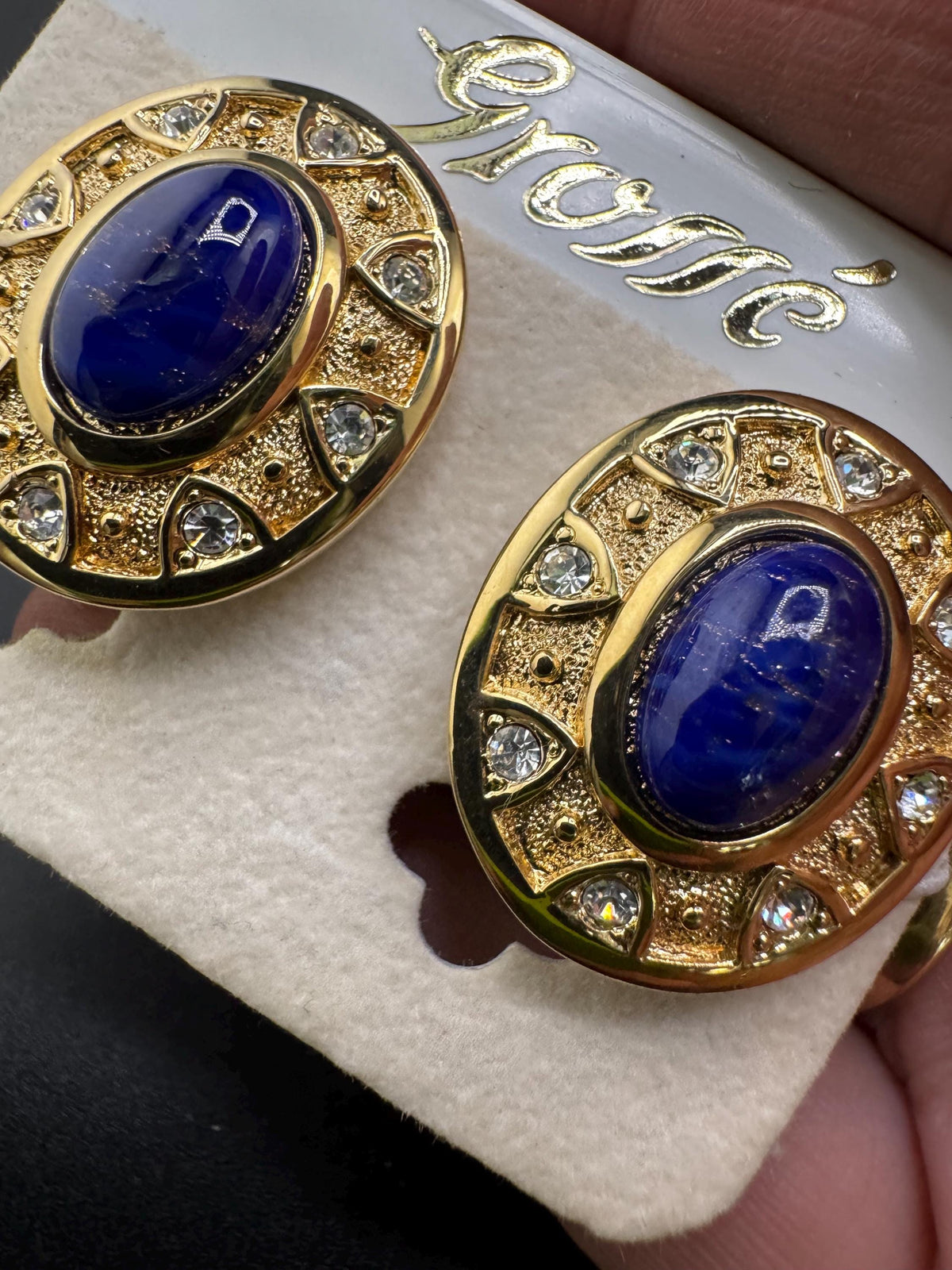 Vintage Clip Earrings, Grosse Oval Blue Lapis Cabochon, Rhinestones