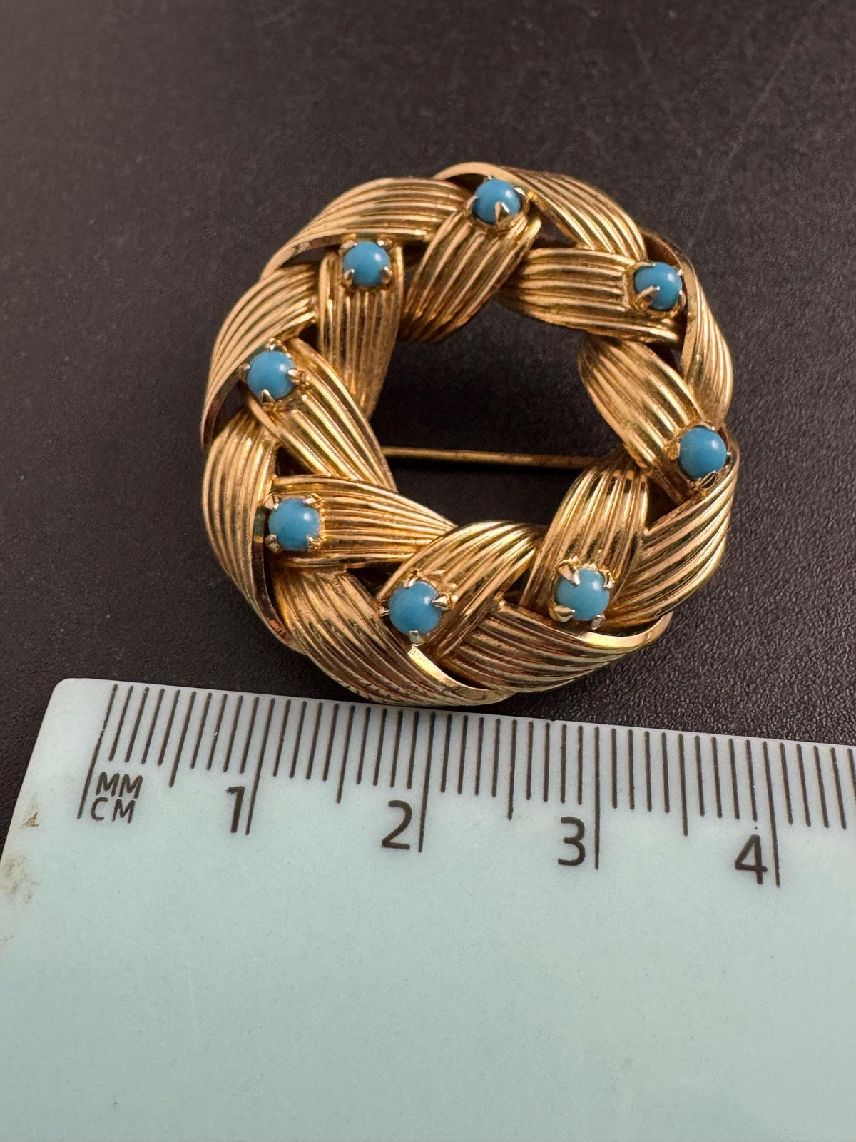 Grosse Signed Brooch, Turquoise Wreath Pin, Midcentury Gold Halo