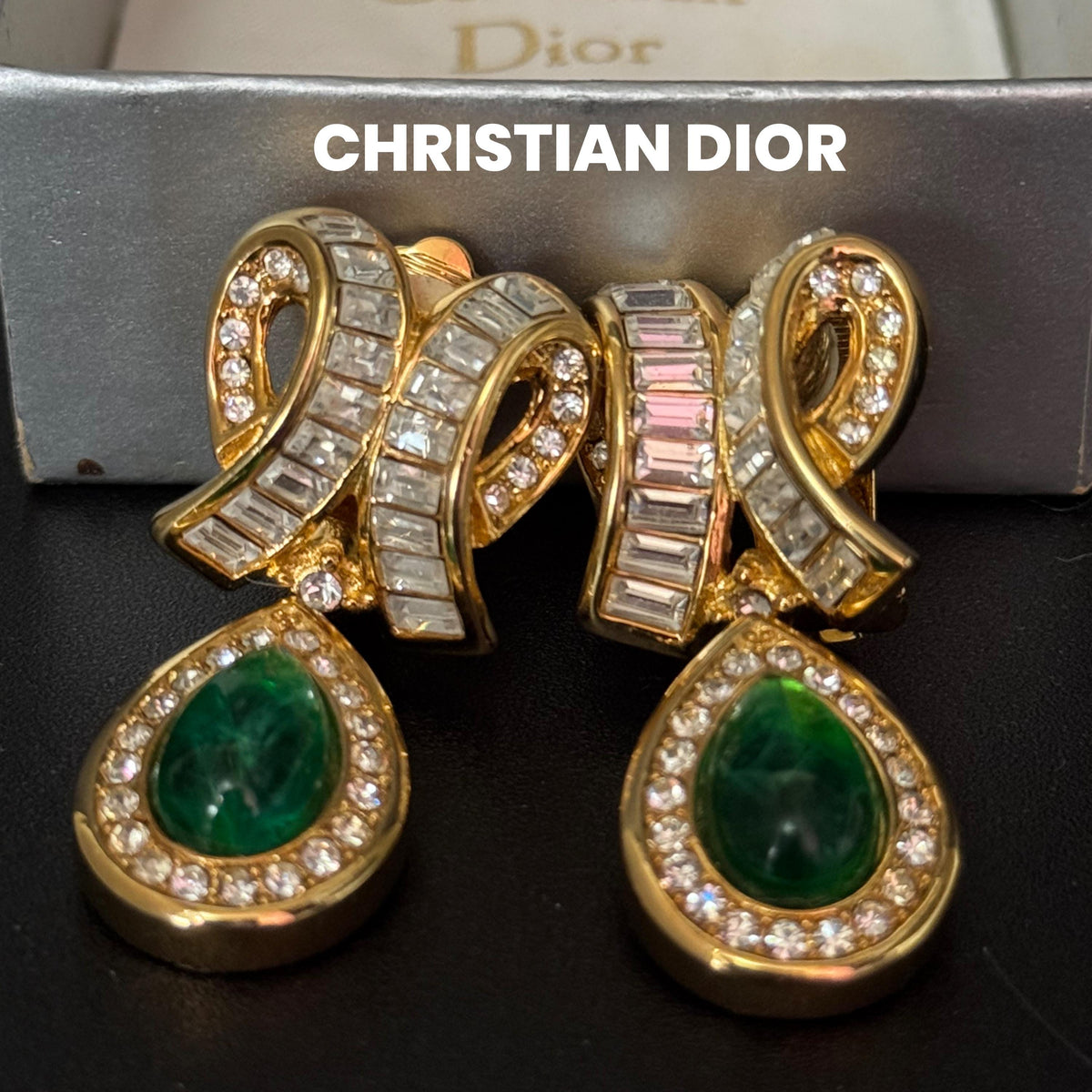 Vintage Dior Clip Earrings, Green Gripoix, Gold Tone, Signed Dior