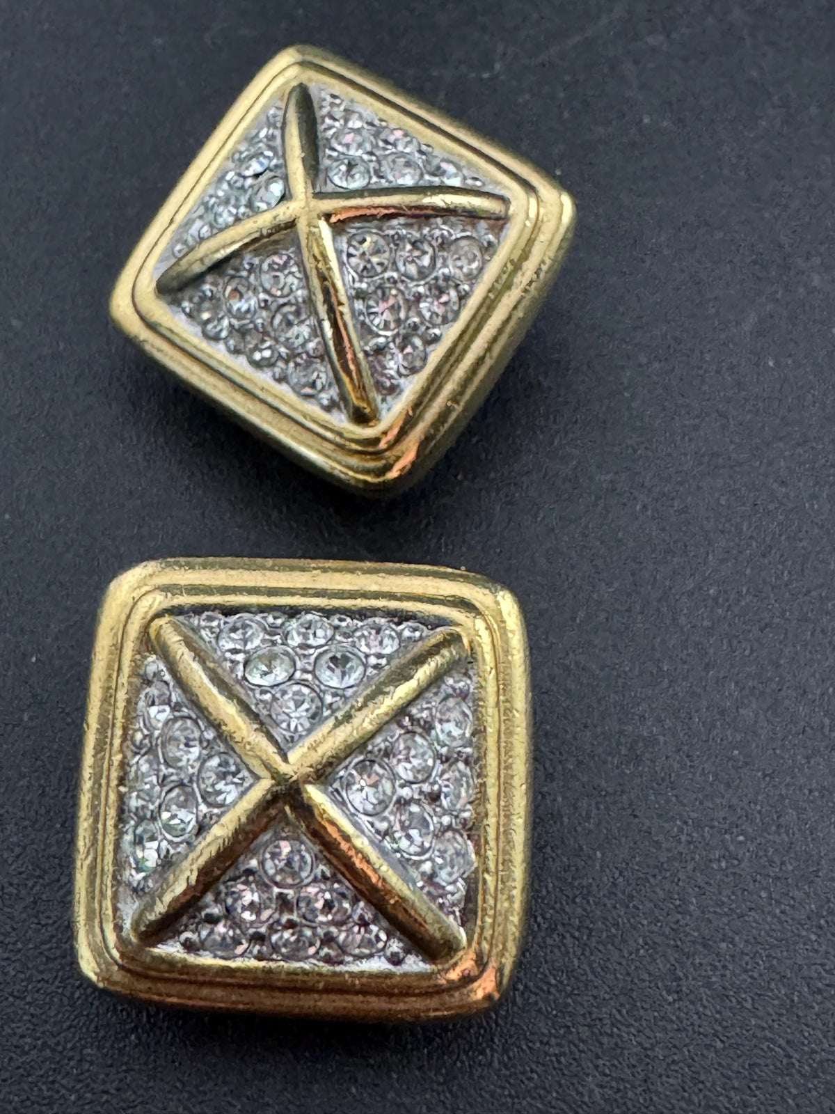 Grosse Vintage Clip Earrings Signed Square Rhinestone, Gold 17Mm