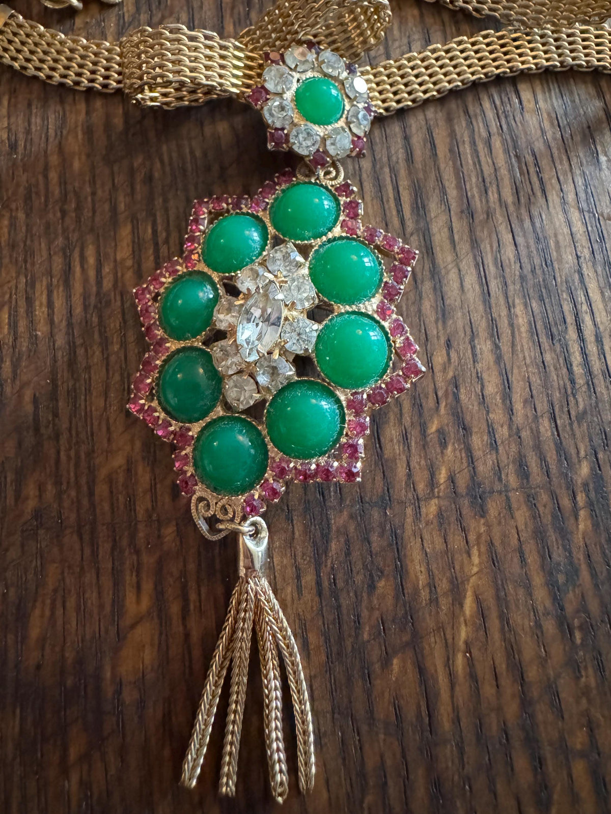 Vintage Juliana Jewelry Set, Pink Rhinestone, Green Cabochon, Gold Mesh