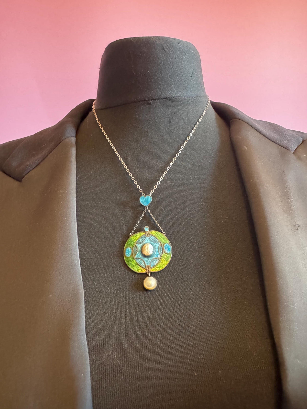 Art Nouveau Enamel Necklace, Antique Silver Pearl Guilloche Drop
